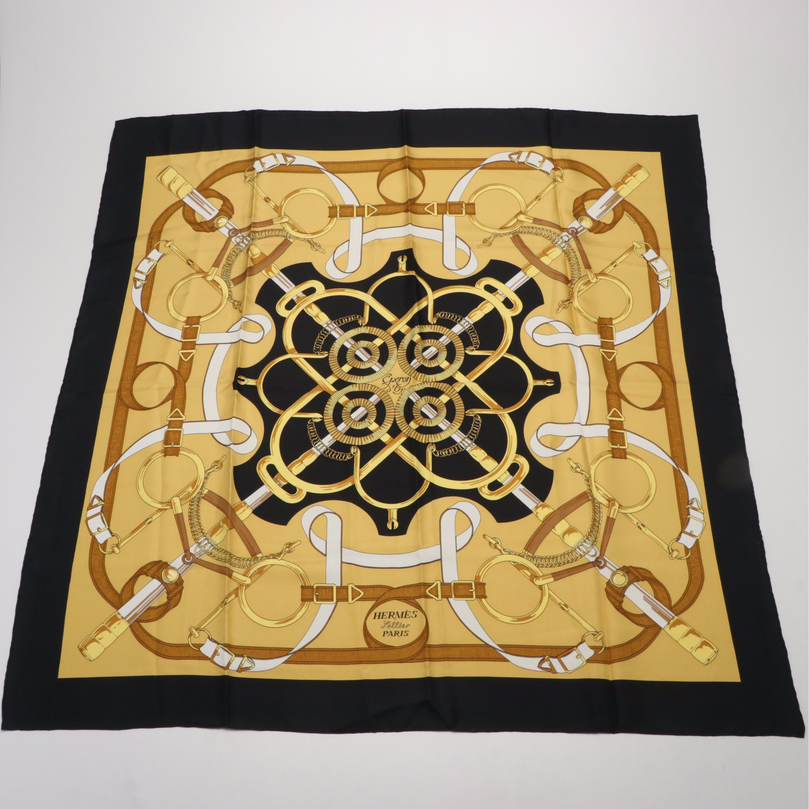 Hermès "Eperon D'or" Black and Gold Silk Scarf