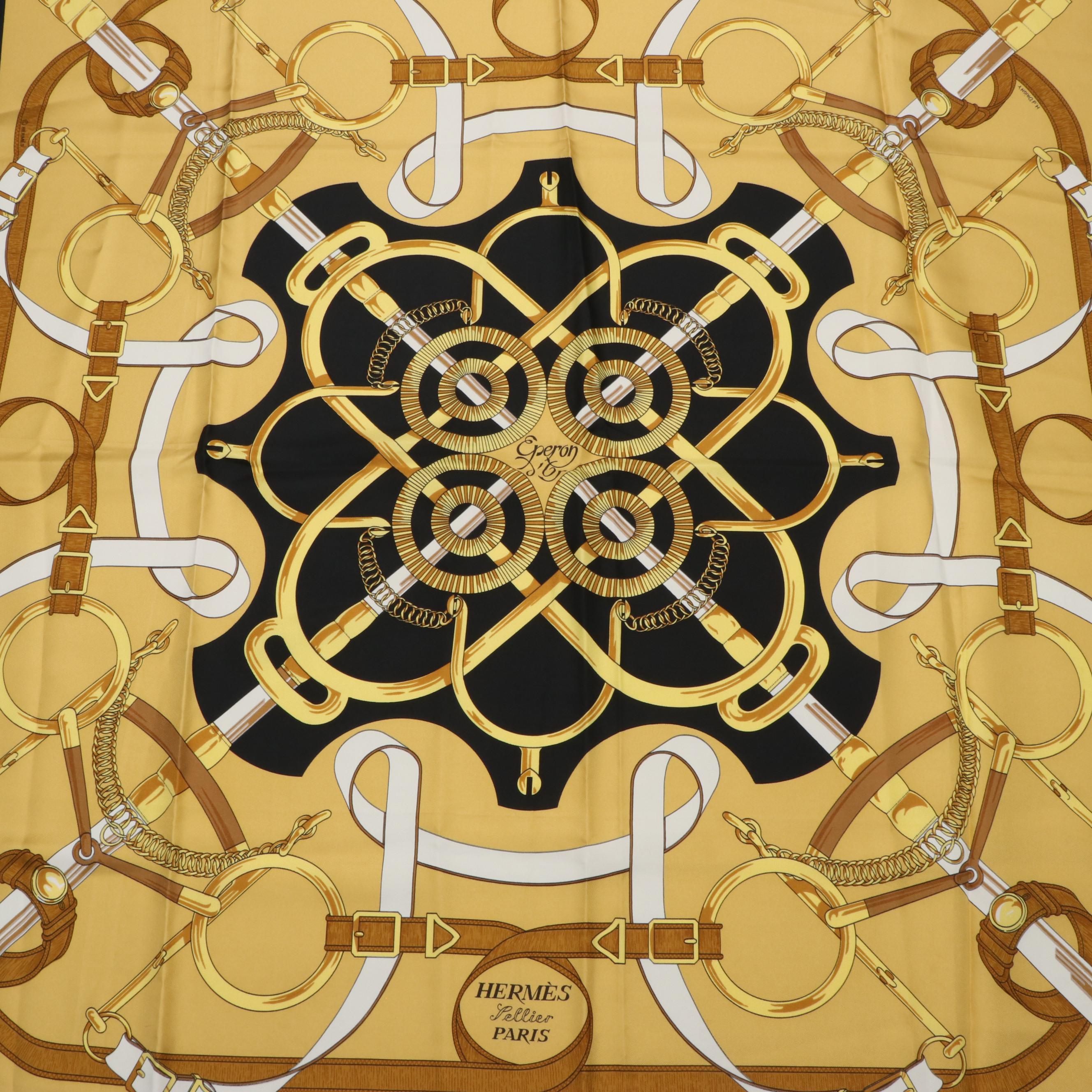 Hermès "Eperon D'or" Black and Gold Silk Scarf
