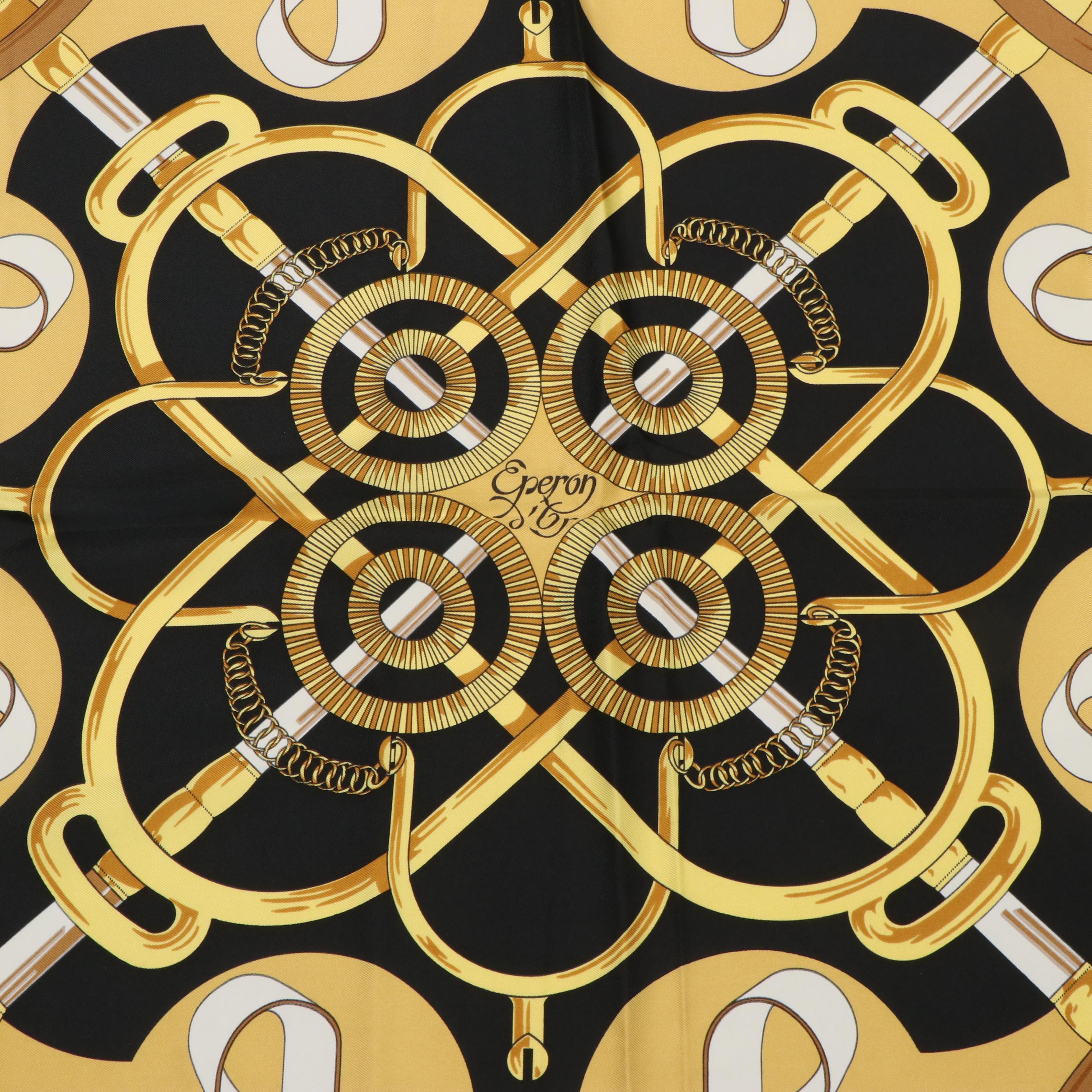 Hermès "Eperon D'or" Black and Gold Silk Scarf