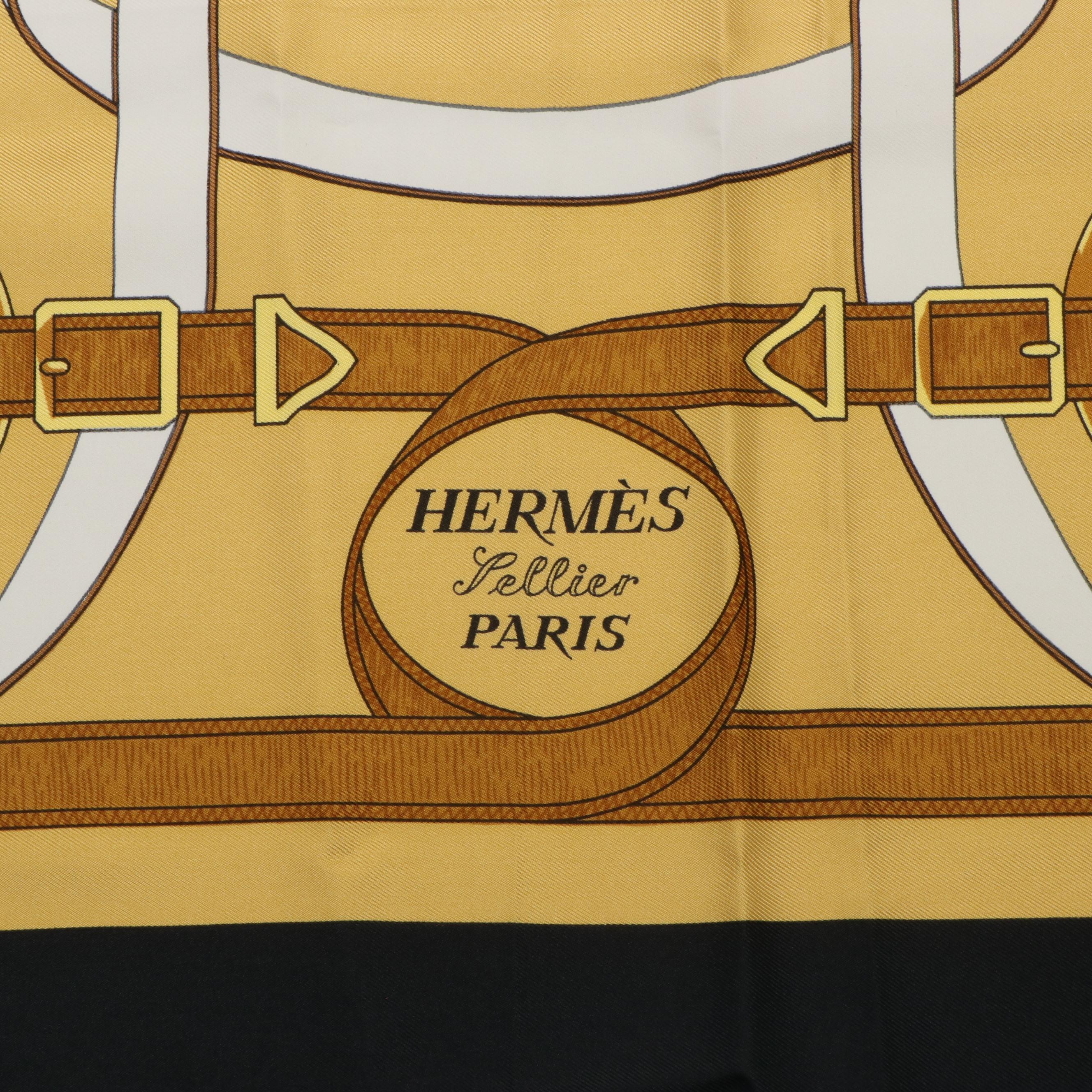 Hermès "Eperon D'or" Black and Gold Silk Scarf