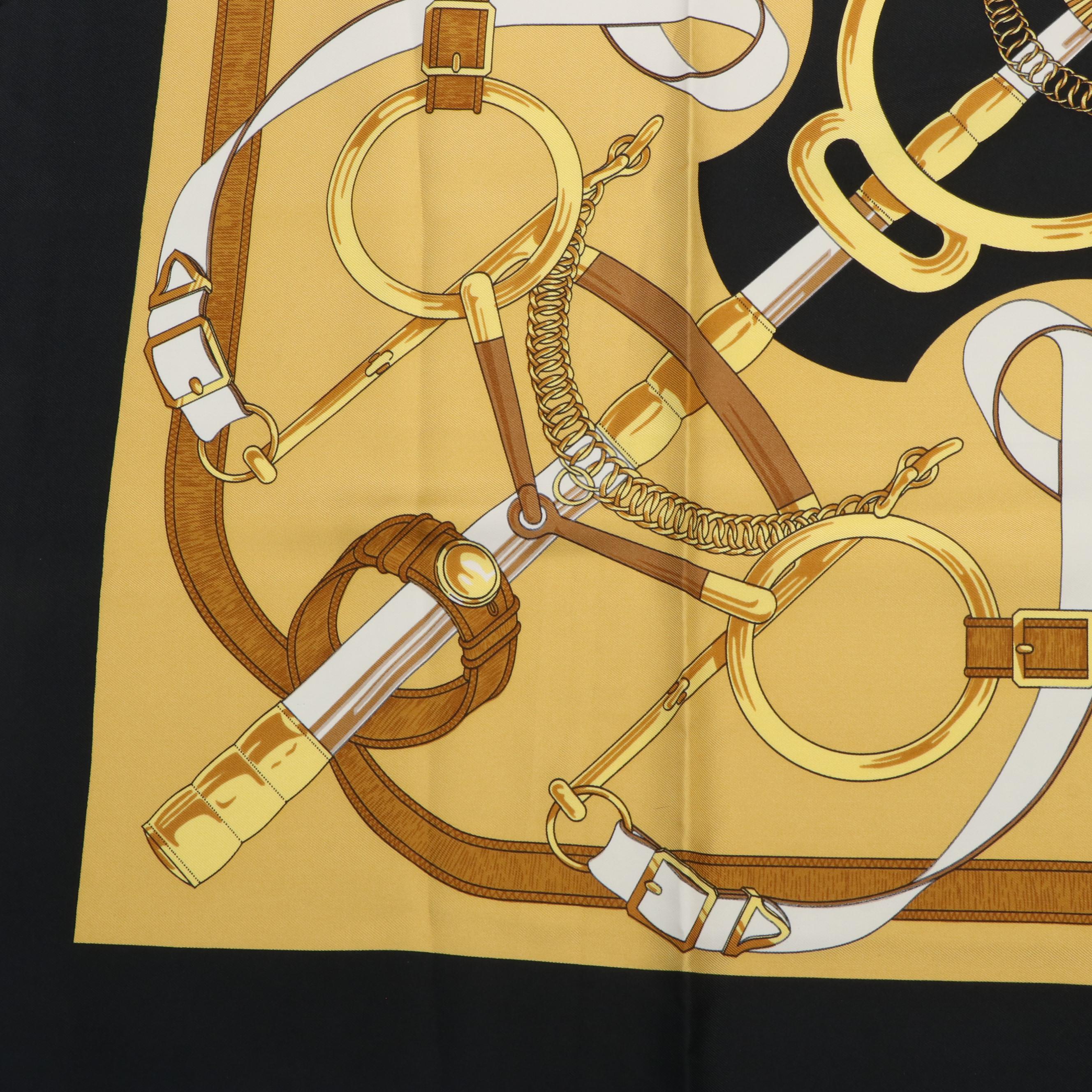 Hermès "Eperon D'or" Black and Gold Silk Scarf