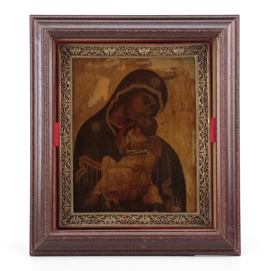 Russian Mother of Kosun Icon in Shadowbox Frame, 19th Century