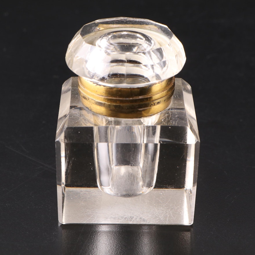 Faceted Crystal Inkwell with Brass Collar, Early 20th Century
