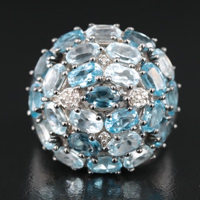 Sterling Topaz and Diamond Cluster Ring