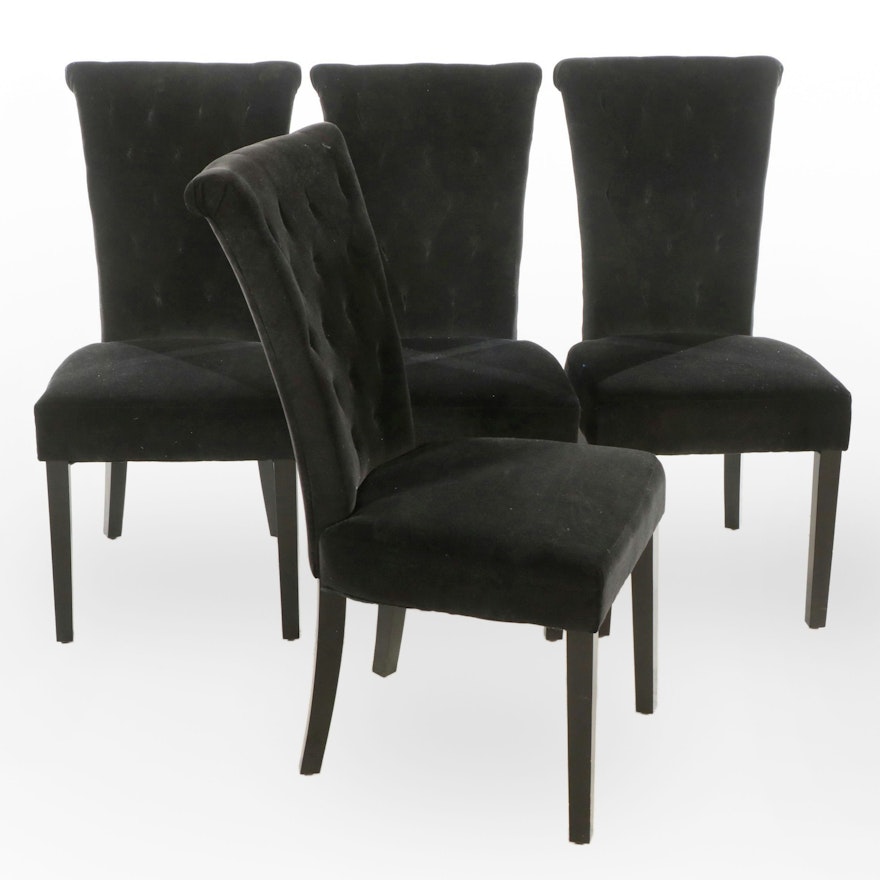 Set of Four Venetian Style Black Velvet Scrolled Back Dining Chairs