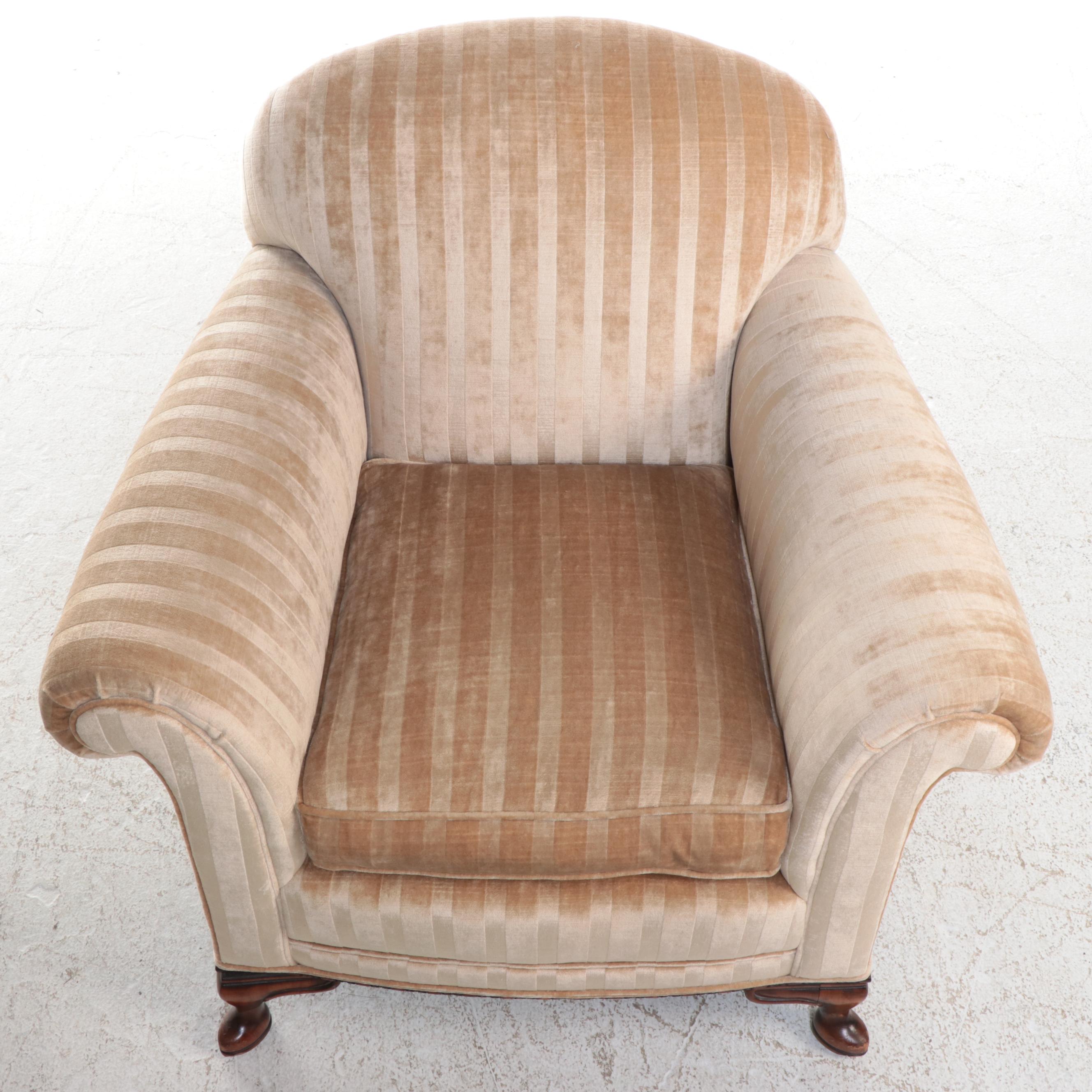 Queen Anne Style Custom-Upholstered Club Chair with Ottoman, Circa 1930