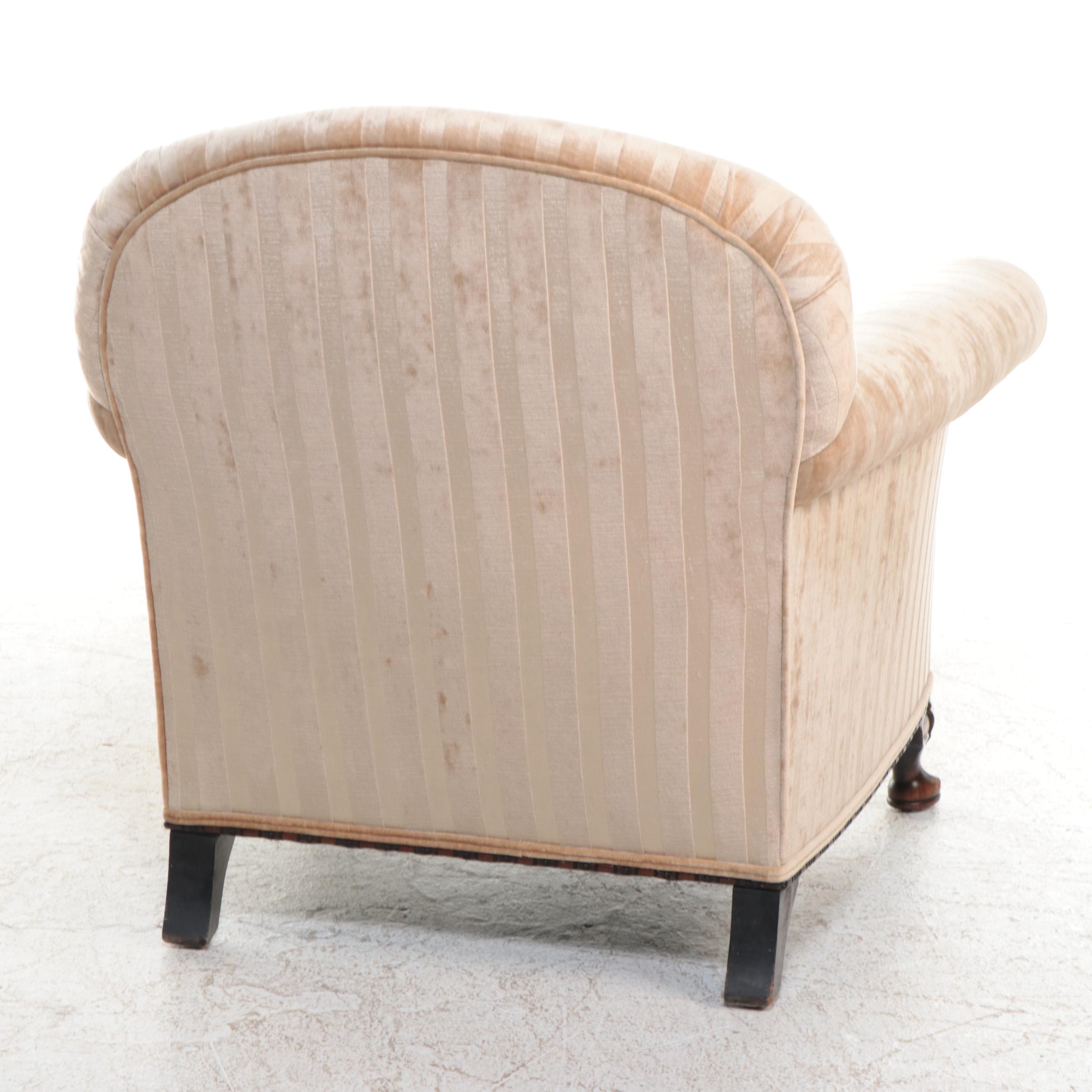 Queen Anne Style Custom-Upholstered Club Chair with Ottoman, Circa 1930