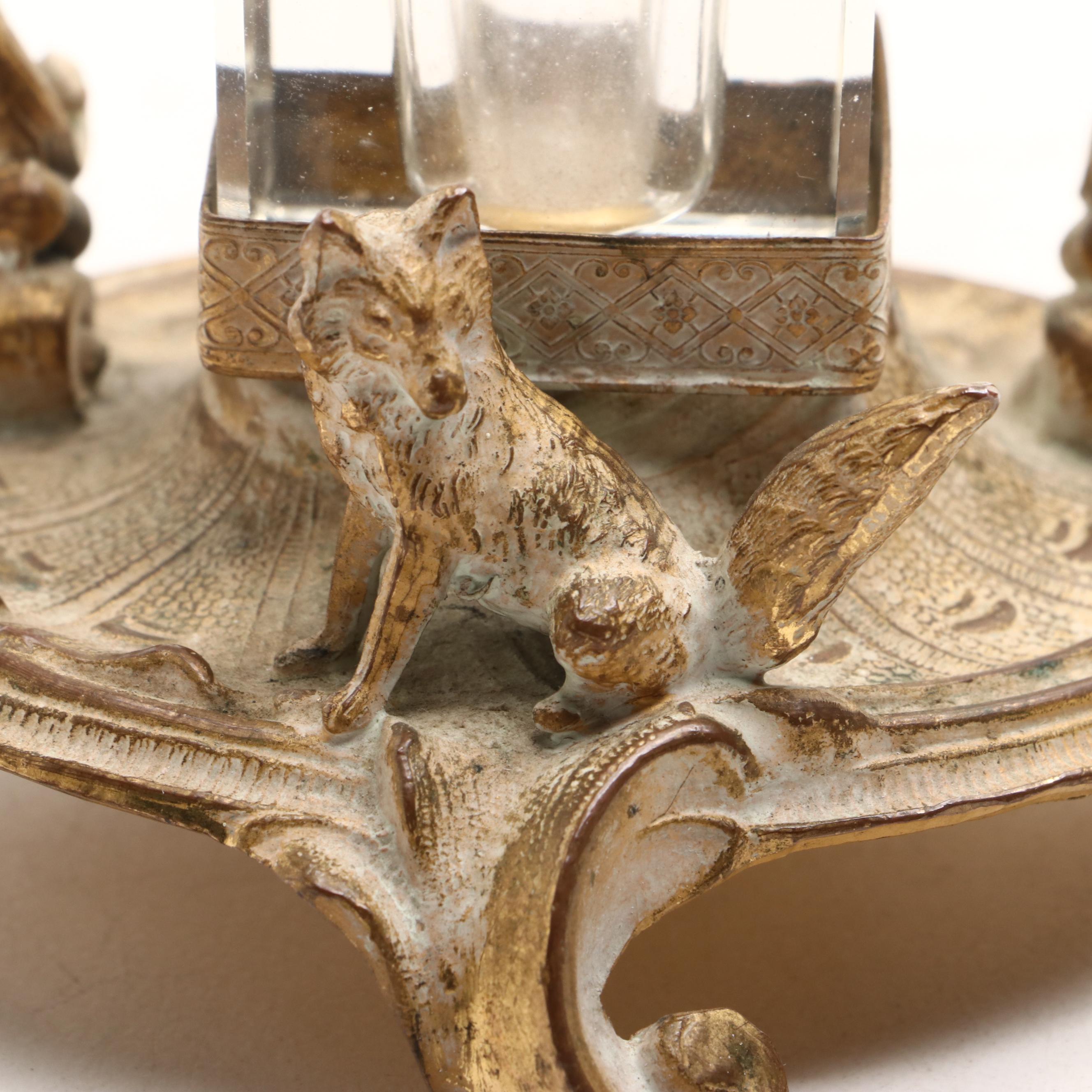 Gilt Bronze Fox Inkwell with Glass Inkwell, Early 20th Century