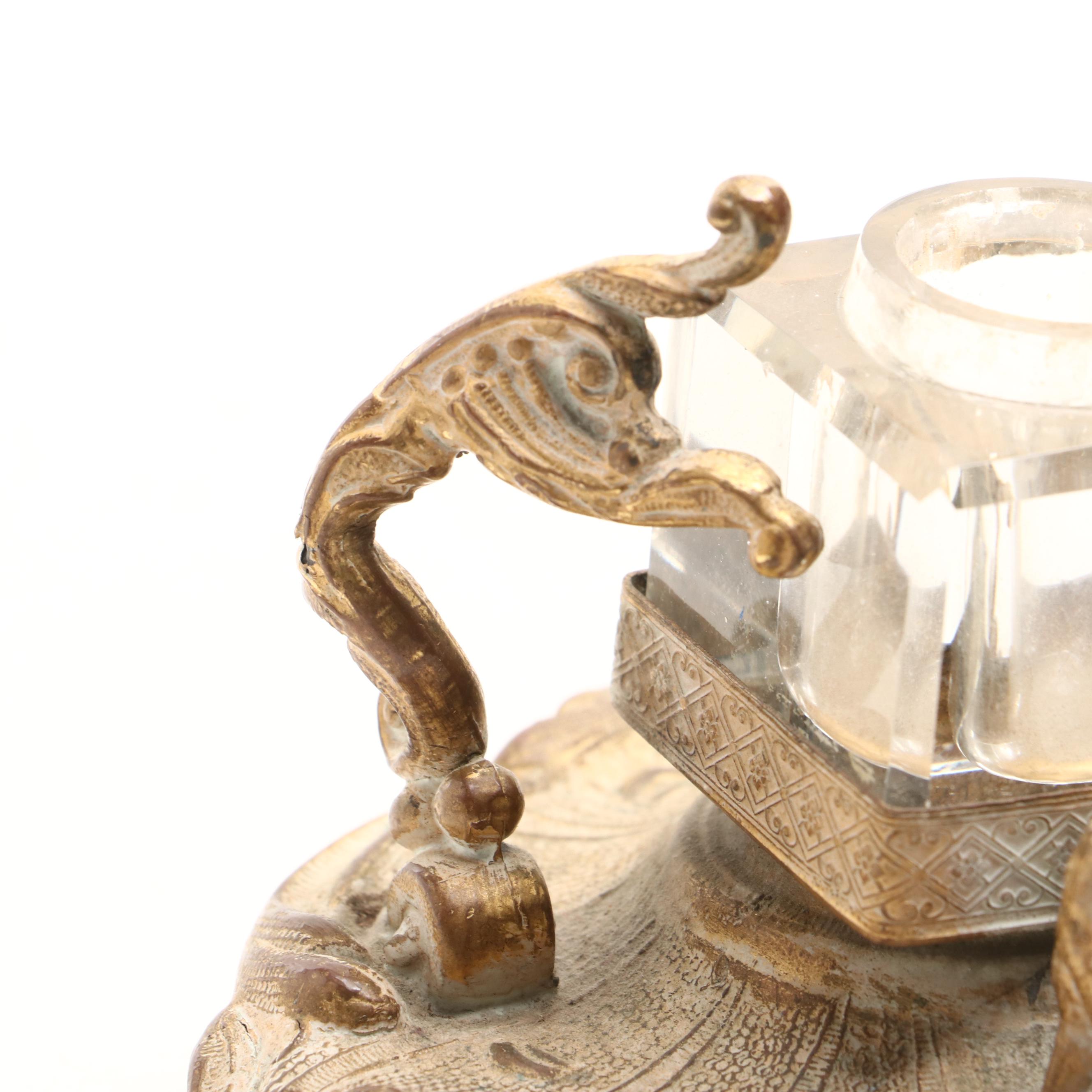 Gilt Bronze Fox Inkwell with Glass Inkwell, Early 20th Century