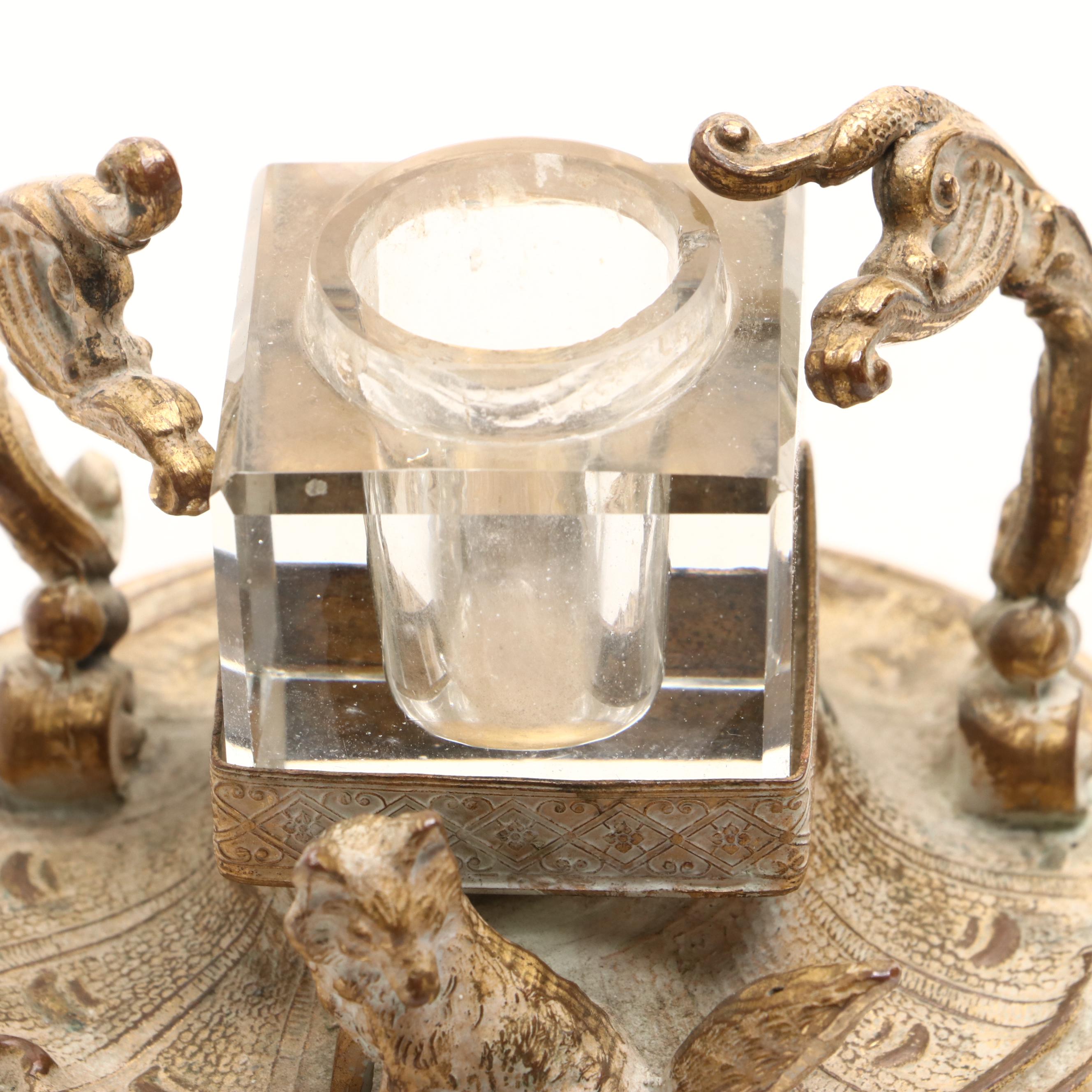 Gilt Bronze Fox Inkwell with Glass Inkwell, Early 20th Century