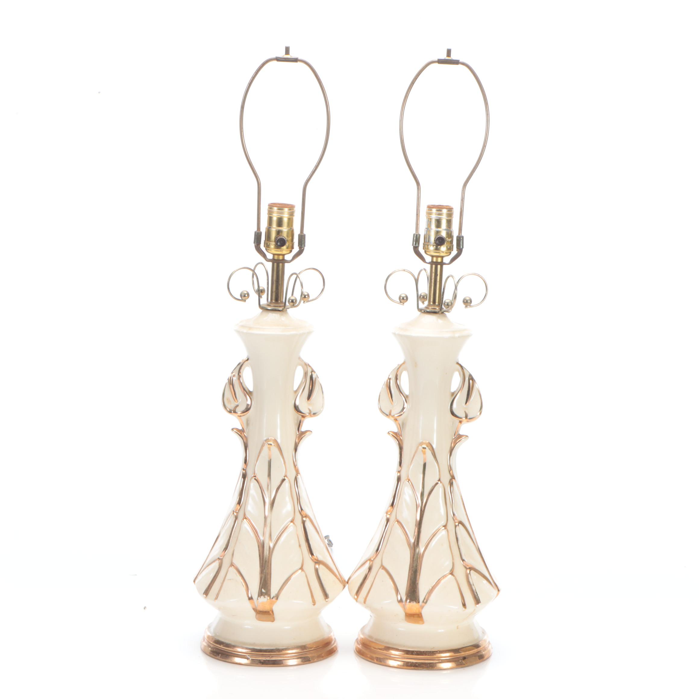 Pair of Mid Century Modern Gilt and Ceramic Table Lamps with Fiberglass Shades