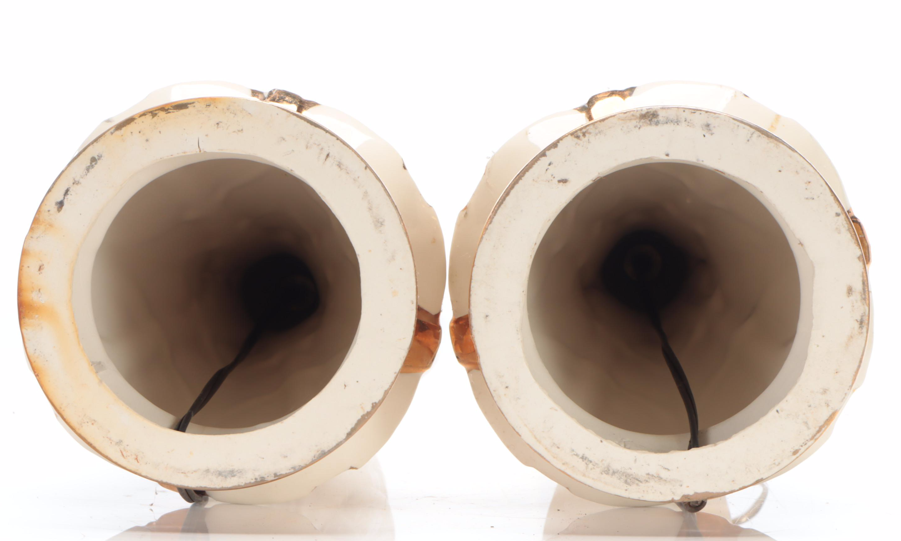 Pair of Mid Century Modern Gilt and Ceramic Table Lamps with Fiberglass Shades