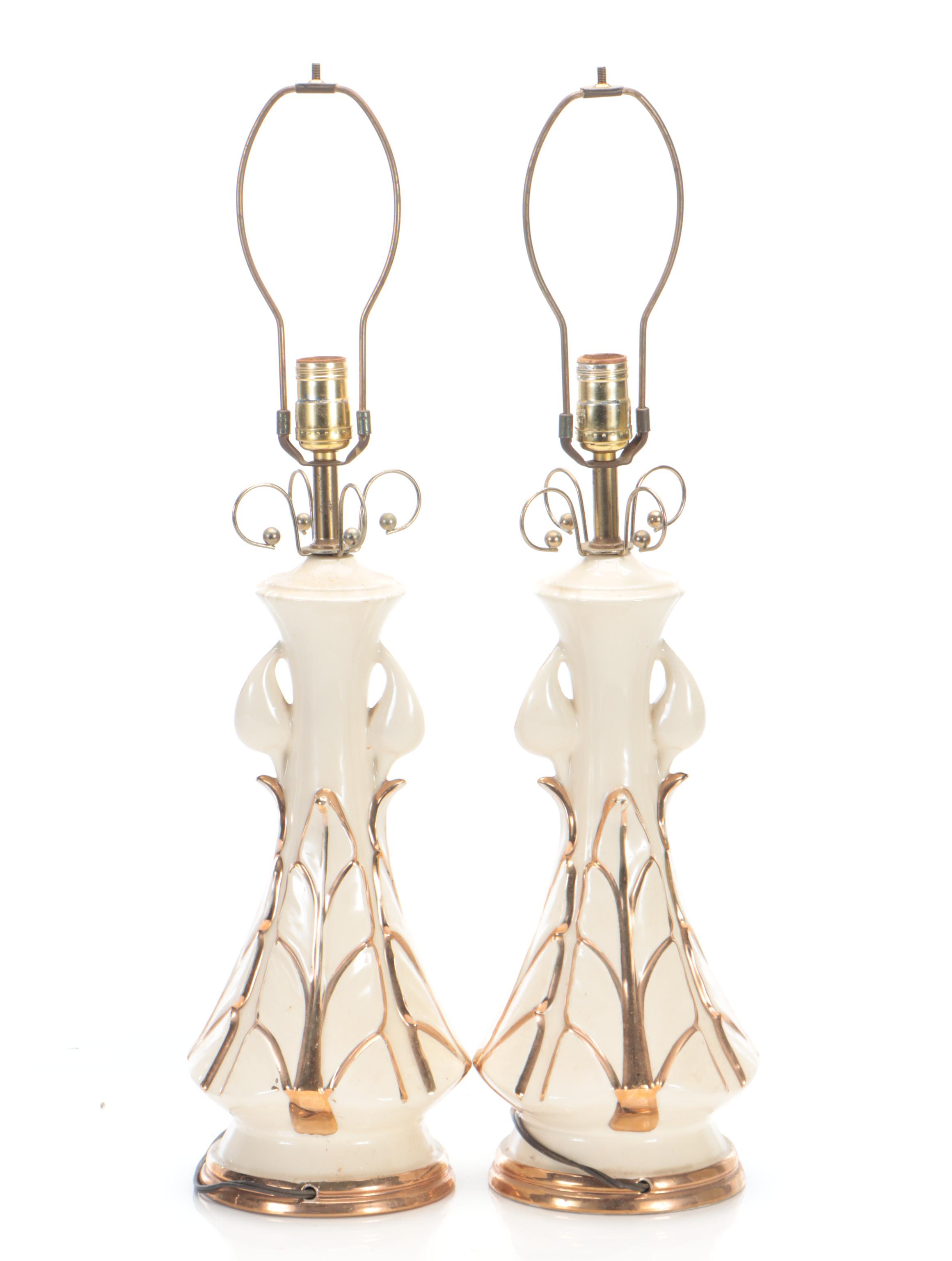 Pair of Mid Century Modern Gilt and Ceramic Table Lamps with Fiberglass Shades