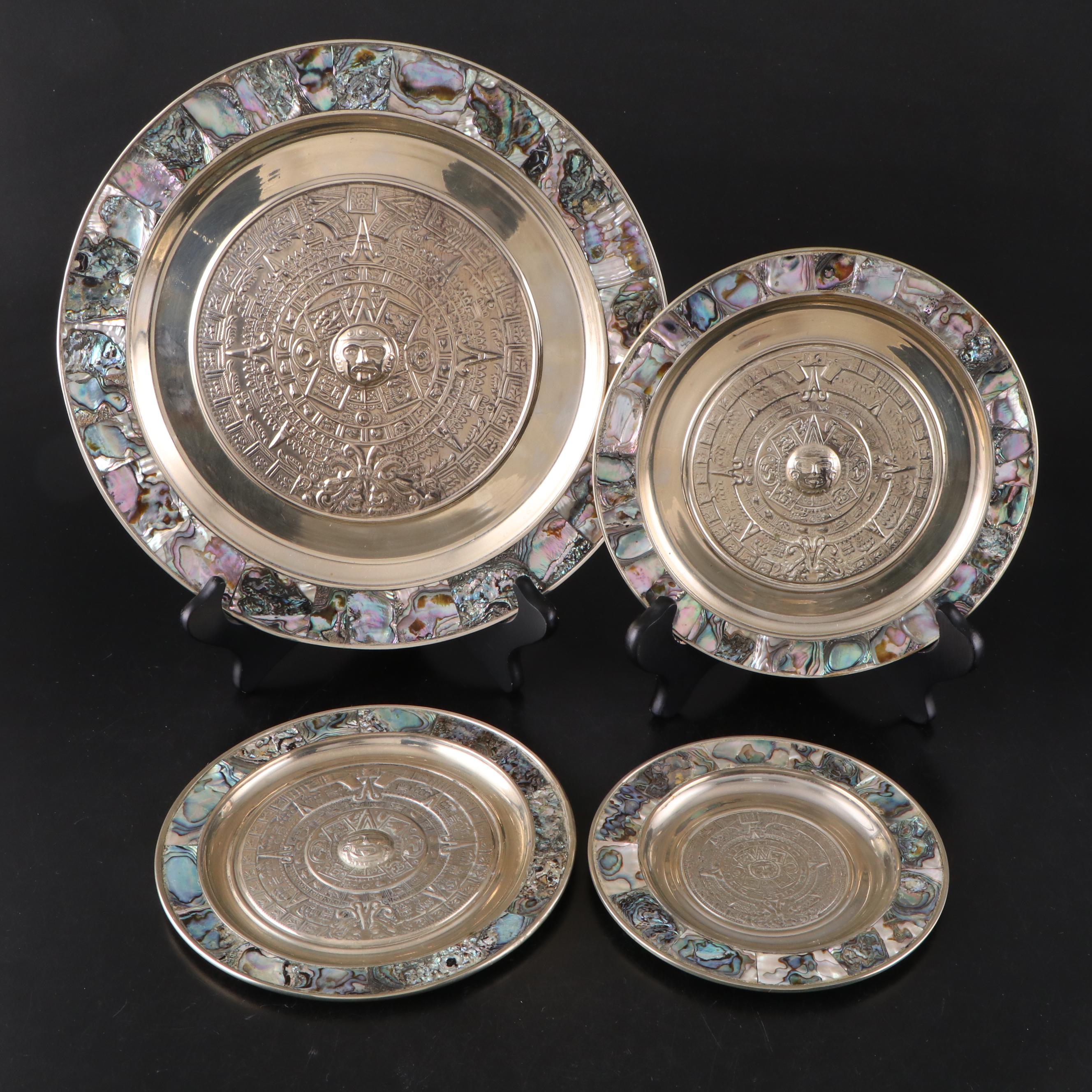 Mexican Abalone Rimmed Alpaca Silver Wall Plates of Embossed Aztec Calendars