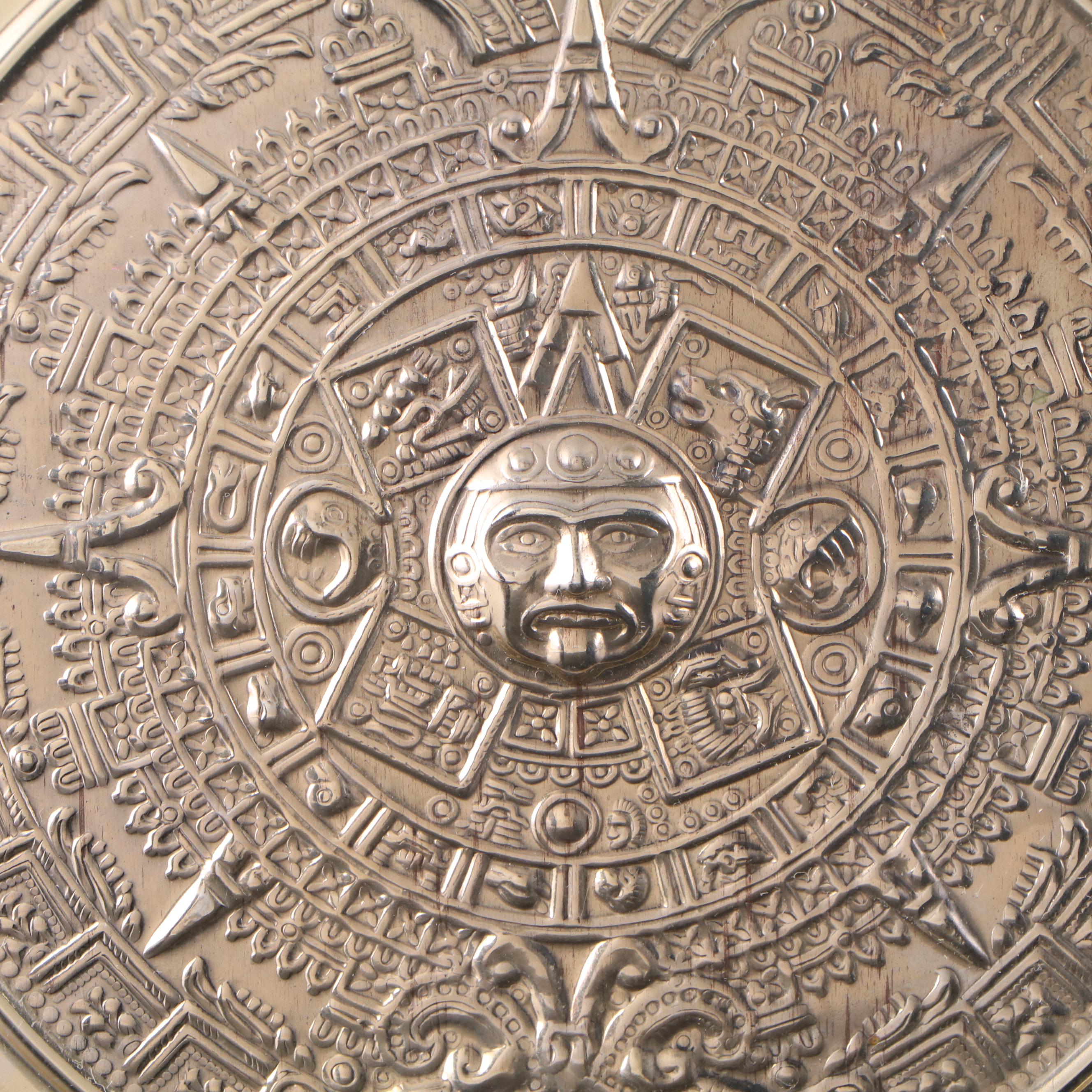 Mexican Abalone Rimmed Alpaca Silver Wall Plates of Embossed Aztec Calendars