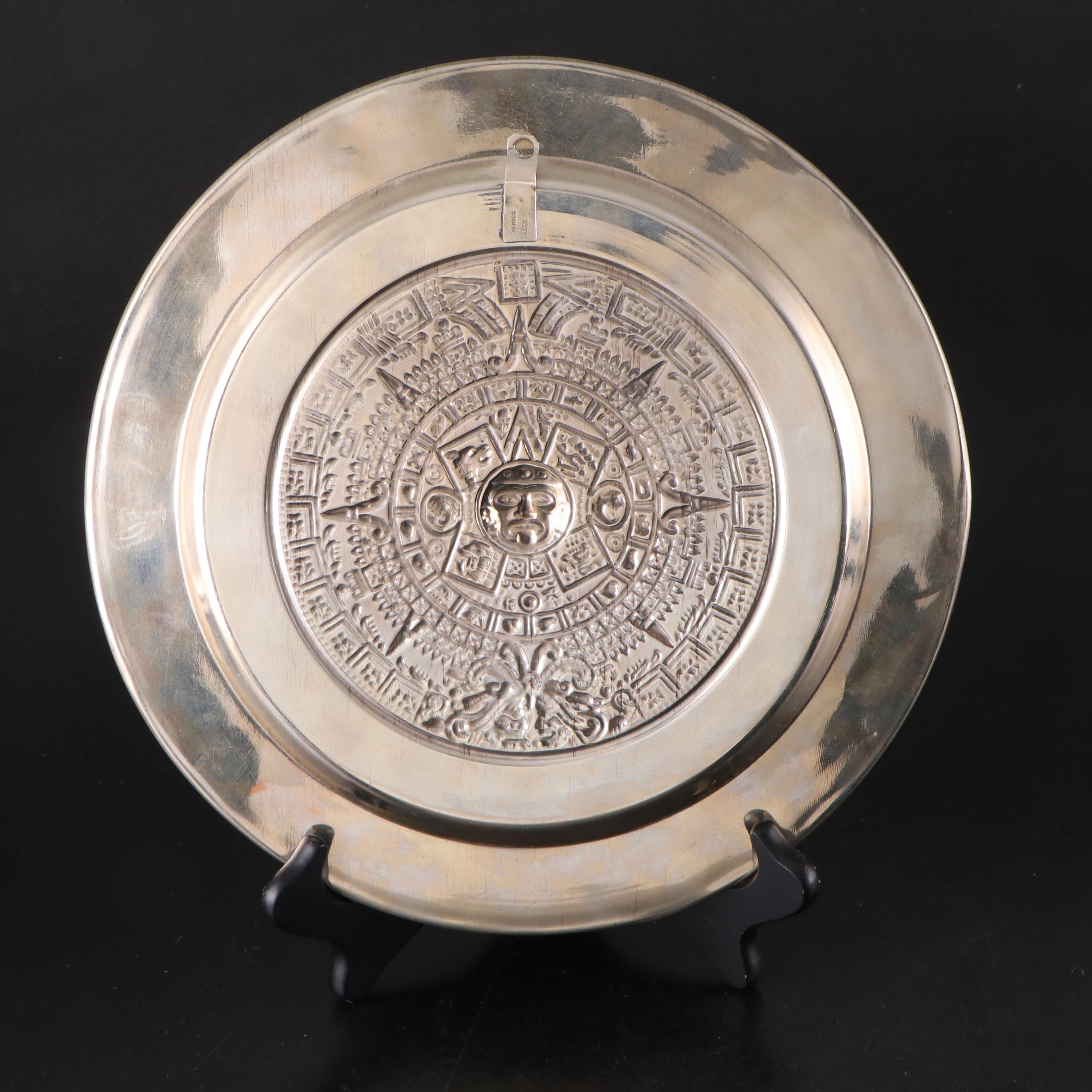 Mexican Abalone Rimmed Alpaca Silver Wall Plates of Embossed Aztec Calendars