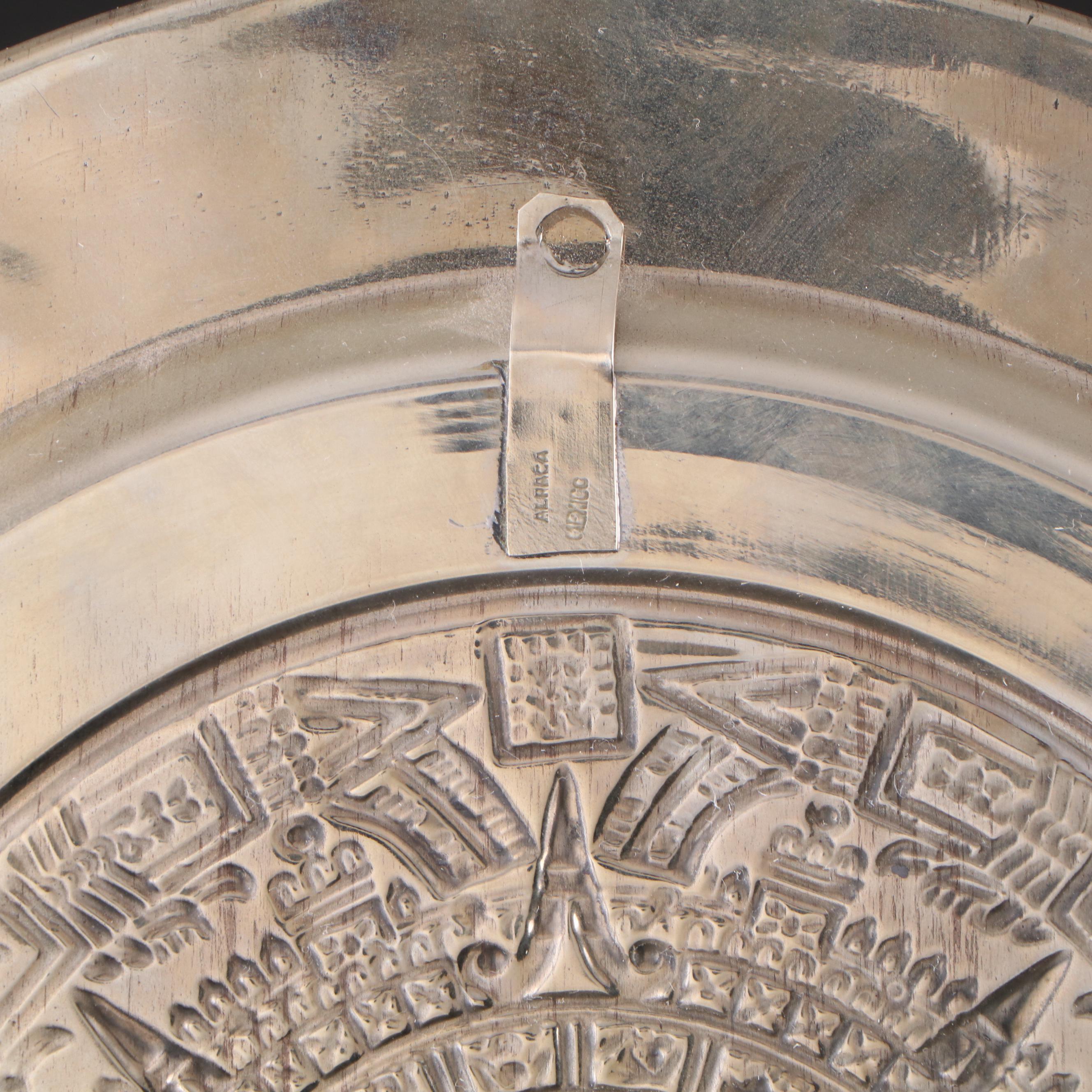 Mexican Abalone Rimmed Alpaca Silver Wall Plates of Embossed Aztec Calendars