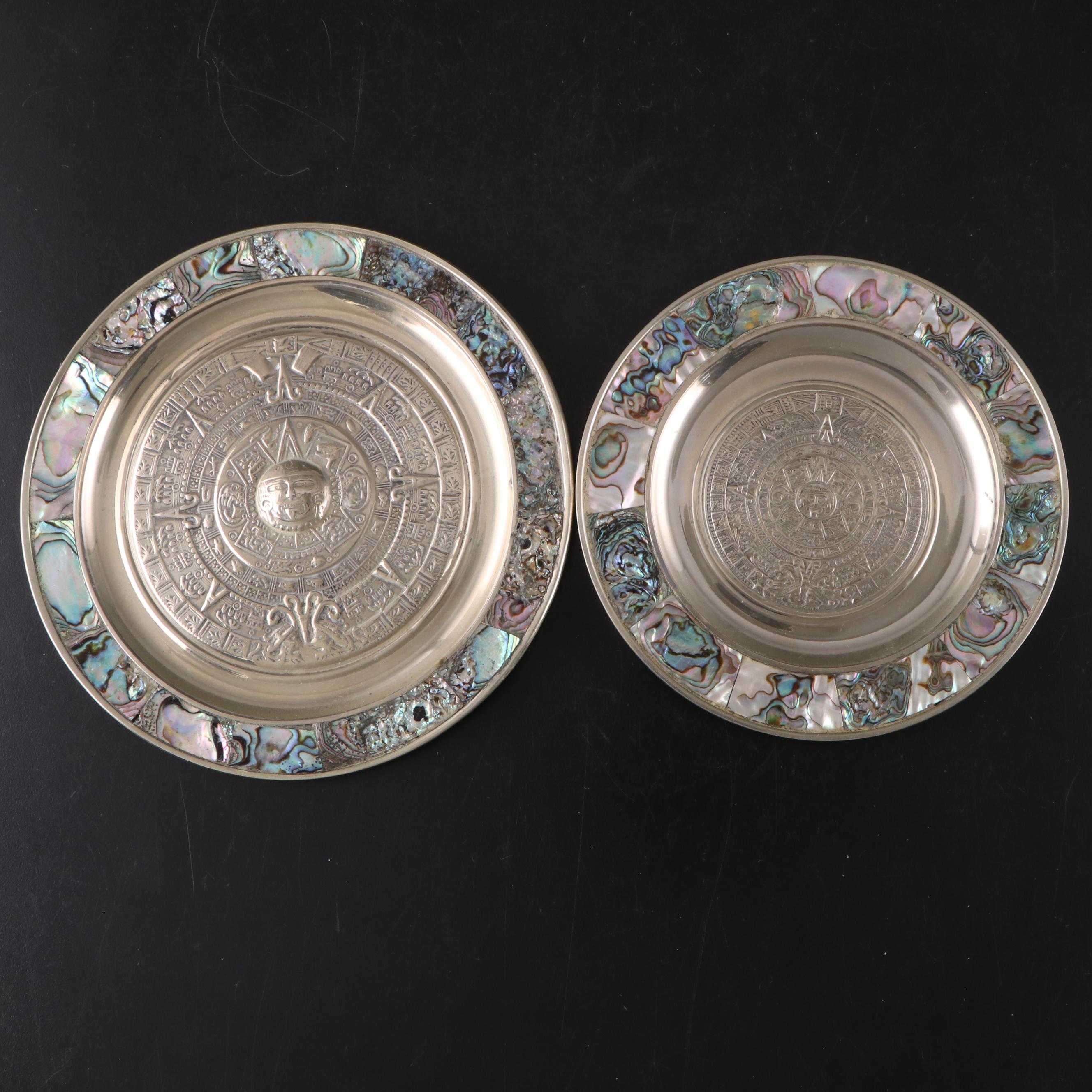 Mexican Abalone Rimmed Alpaca Silver Wall Plates of Embossed Aztec Calendars