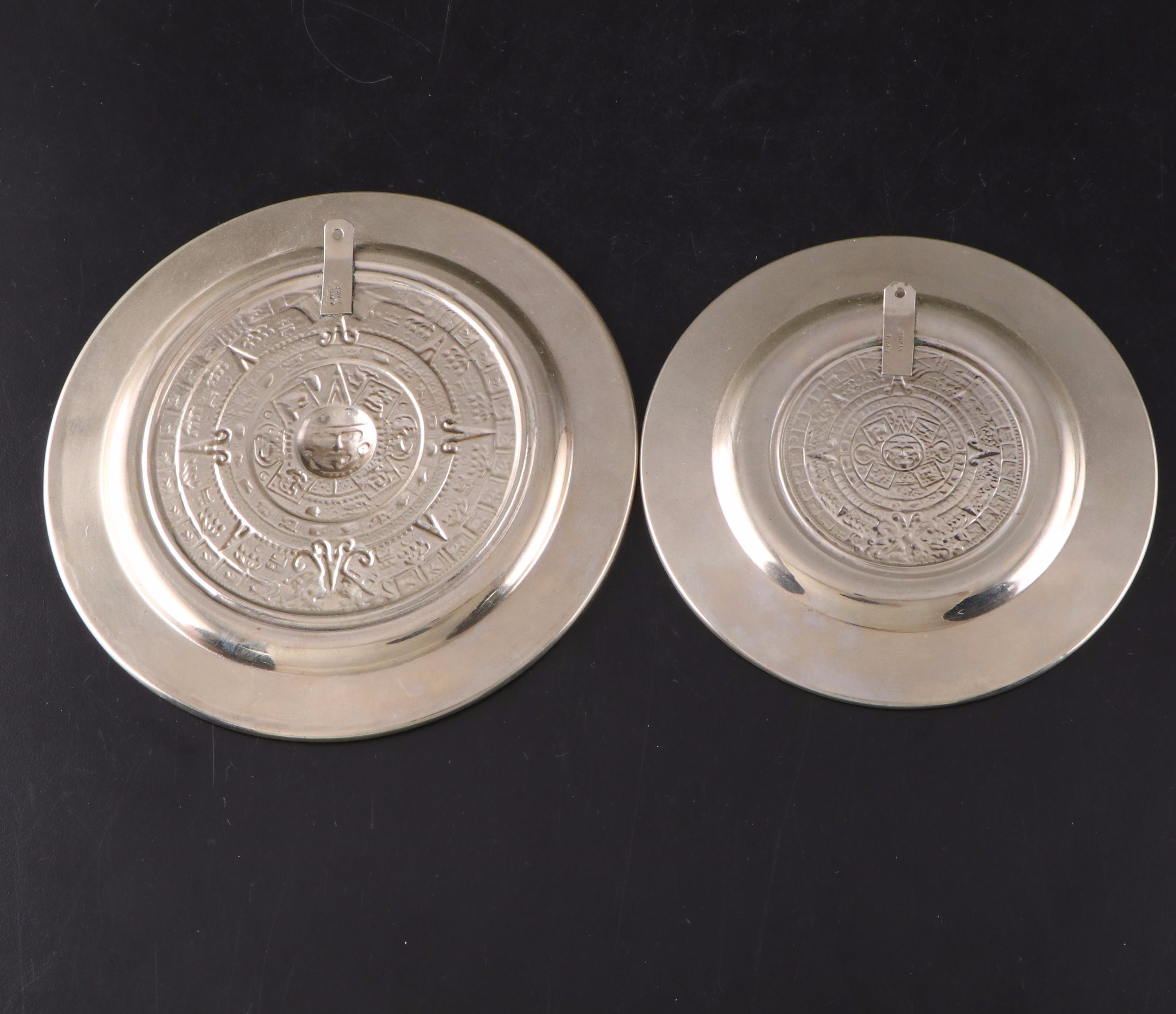 Mexican Abalone Rimmed Alpaca Silver Wall Plates of Embossed Aztec Calendars