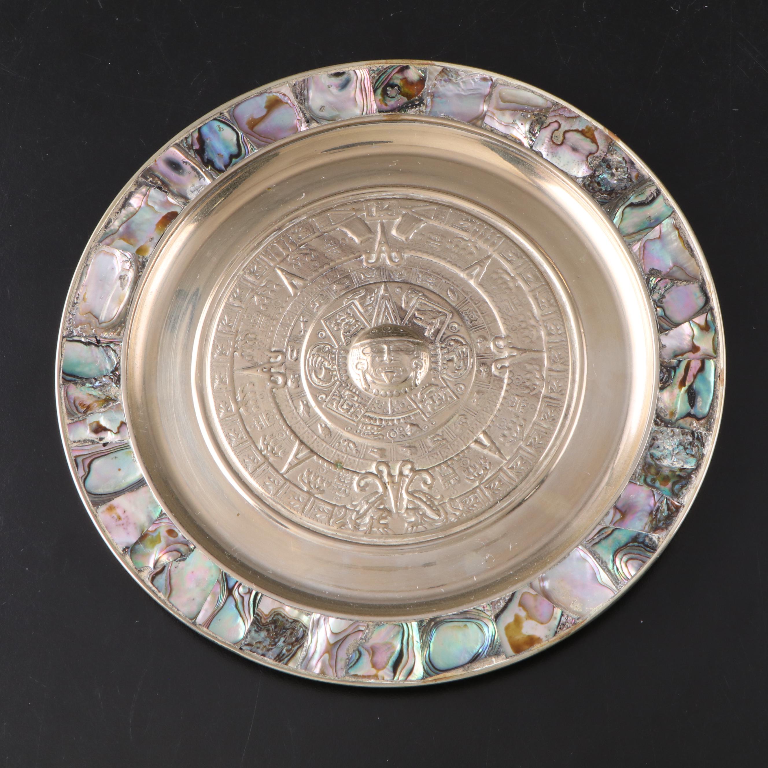 Mexican Abalone Rimmed Alpaca Silver Wall Plates of Embossed Aztec Calendars