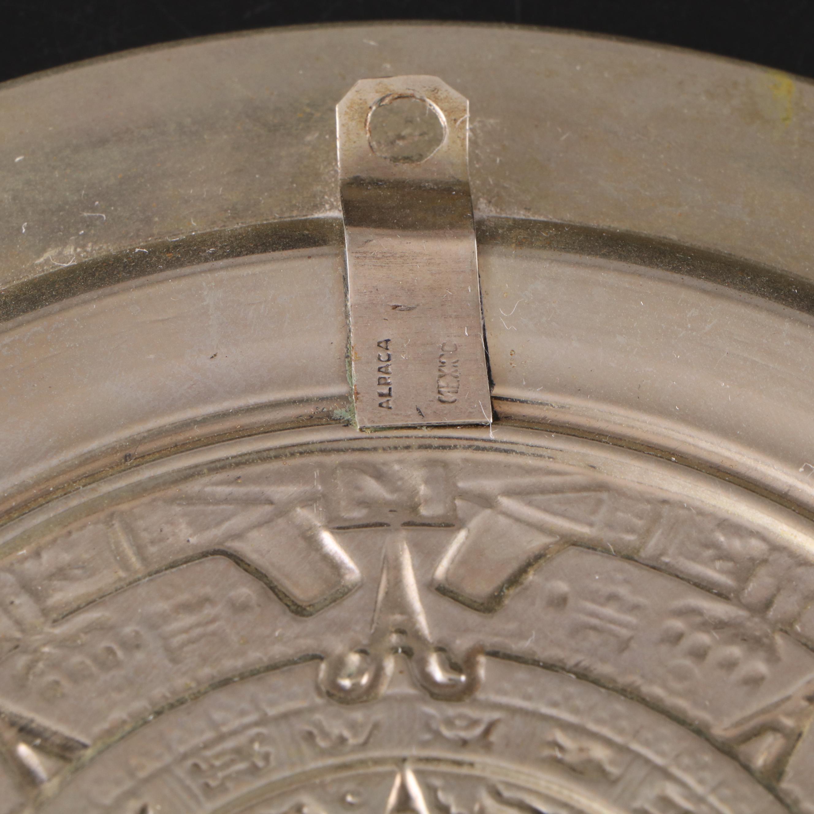 Mexican Abalone Rimmed Alpaca Silver Wall Plates of Embossed Aztec Calendars