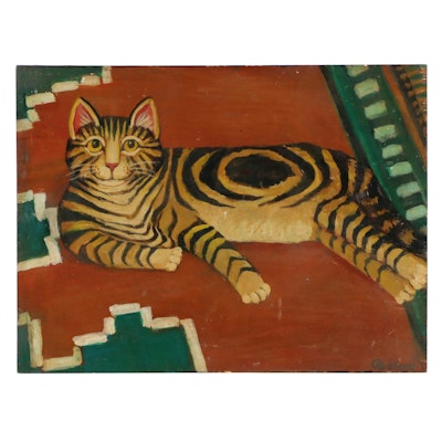 G. Pugliese American Folk Art Oil Painting of Cat