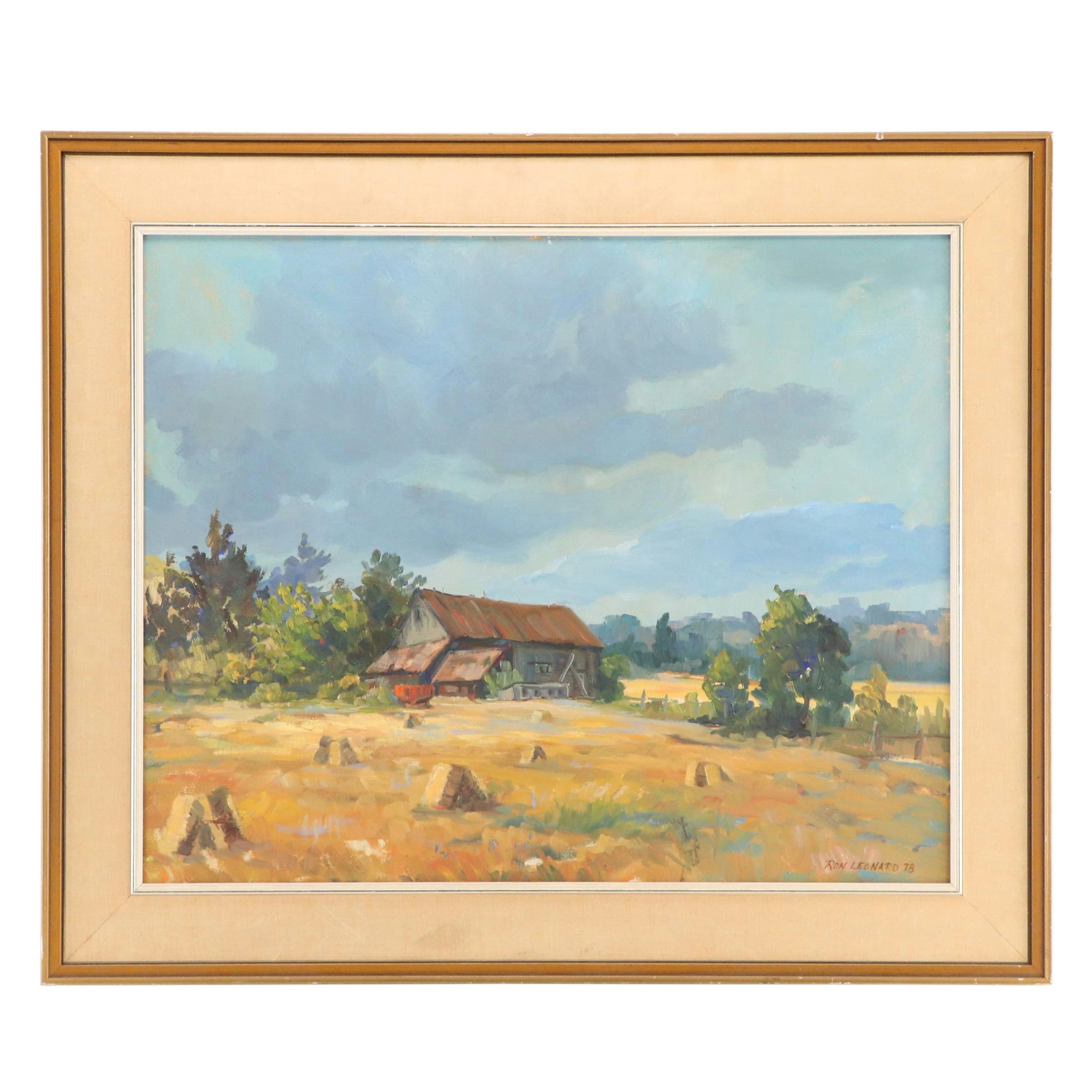 Ron Leonard Oil Painting of Farm Landscape, 1978