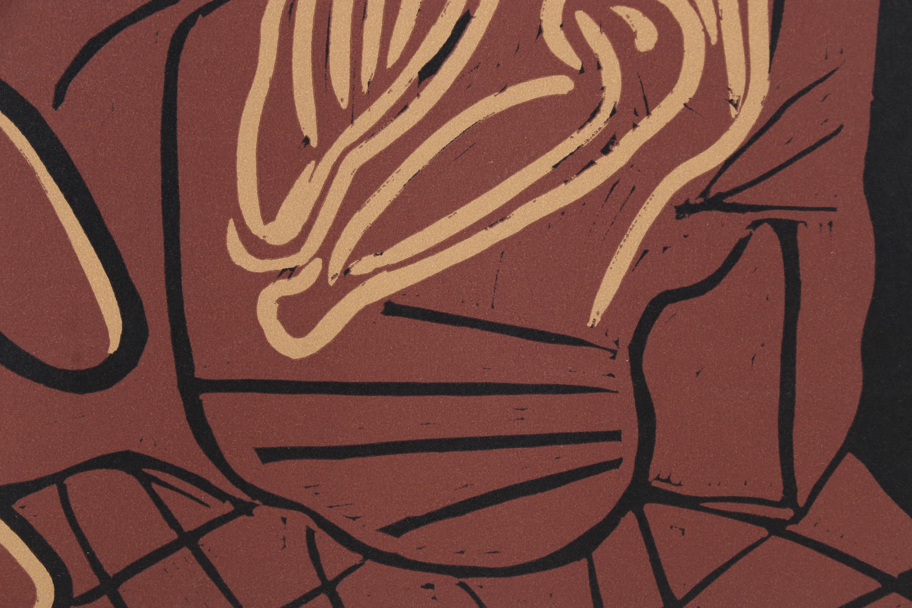 Pablo Picasso Linocut "Guitar Player and Seated Woman," 1962