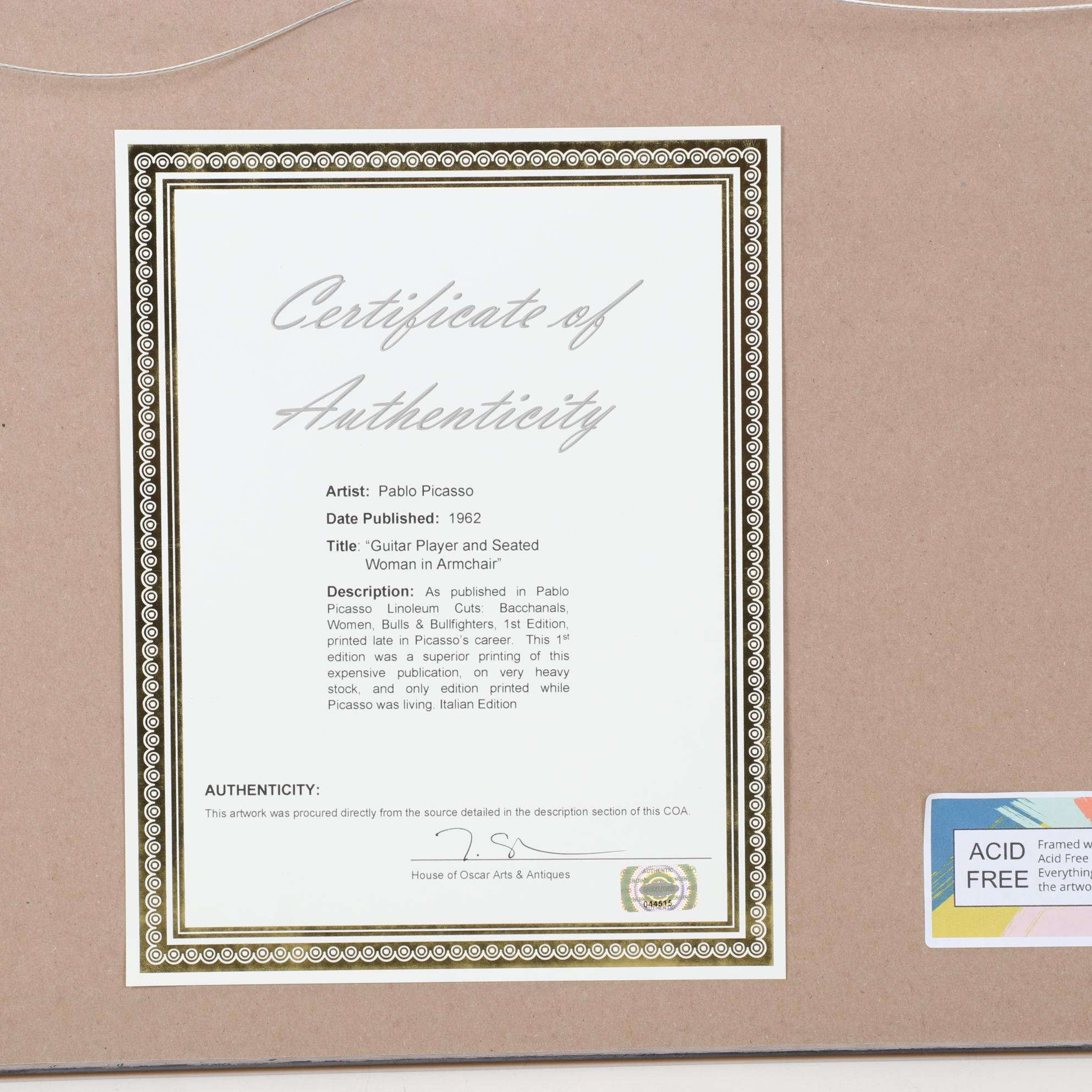 Pablo Picasso Linocut "Guitar Player and Seated Woman," 1962