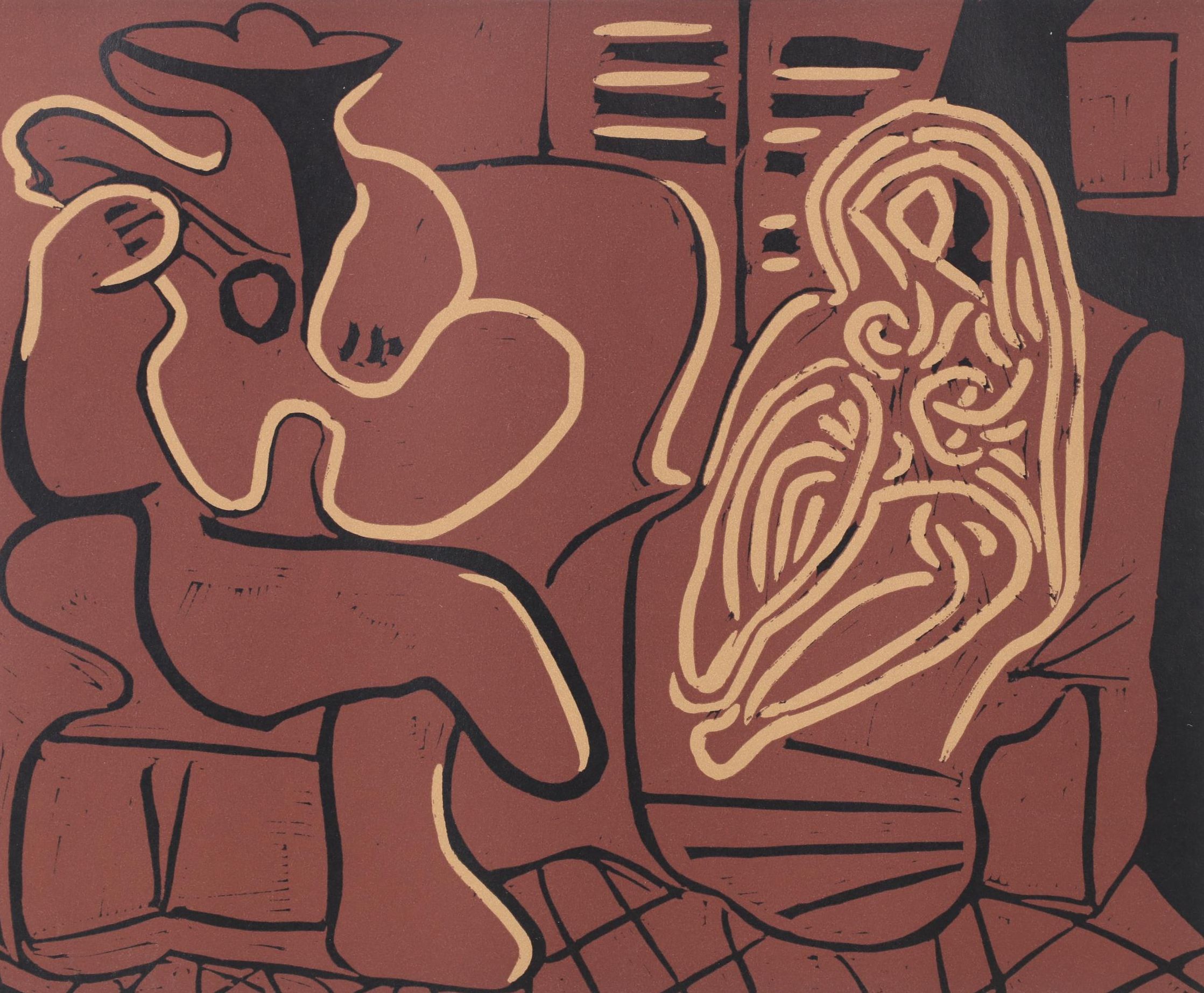 Pablo Picasso Linocut "Guitar Player and Seated Woman," 1962