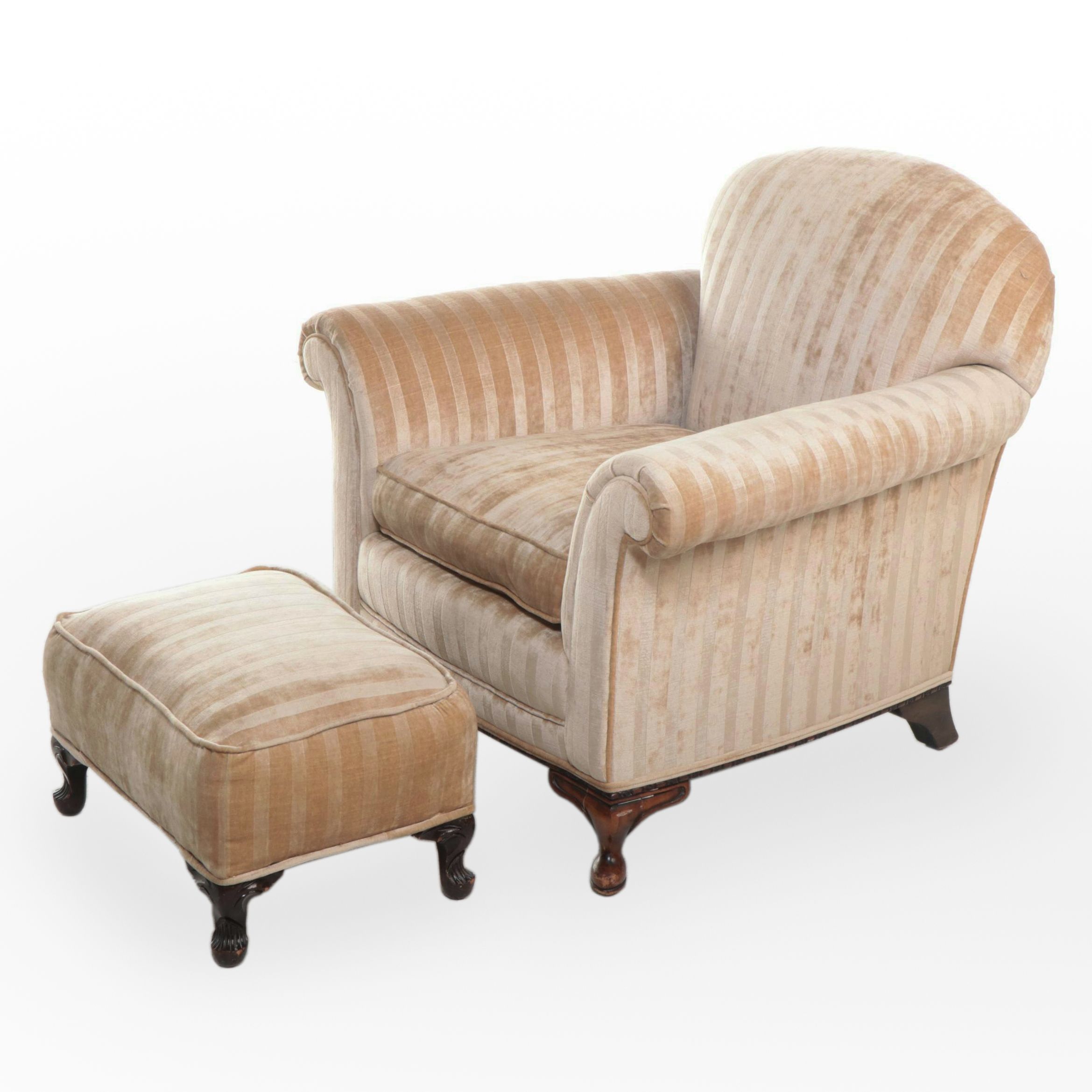 Queen Anne Style Custom-Upholstered Club Chair with Ottoman, Circa 1930