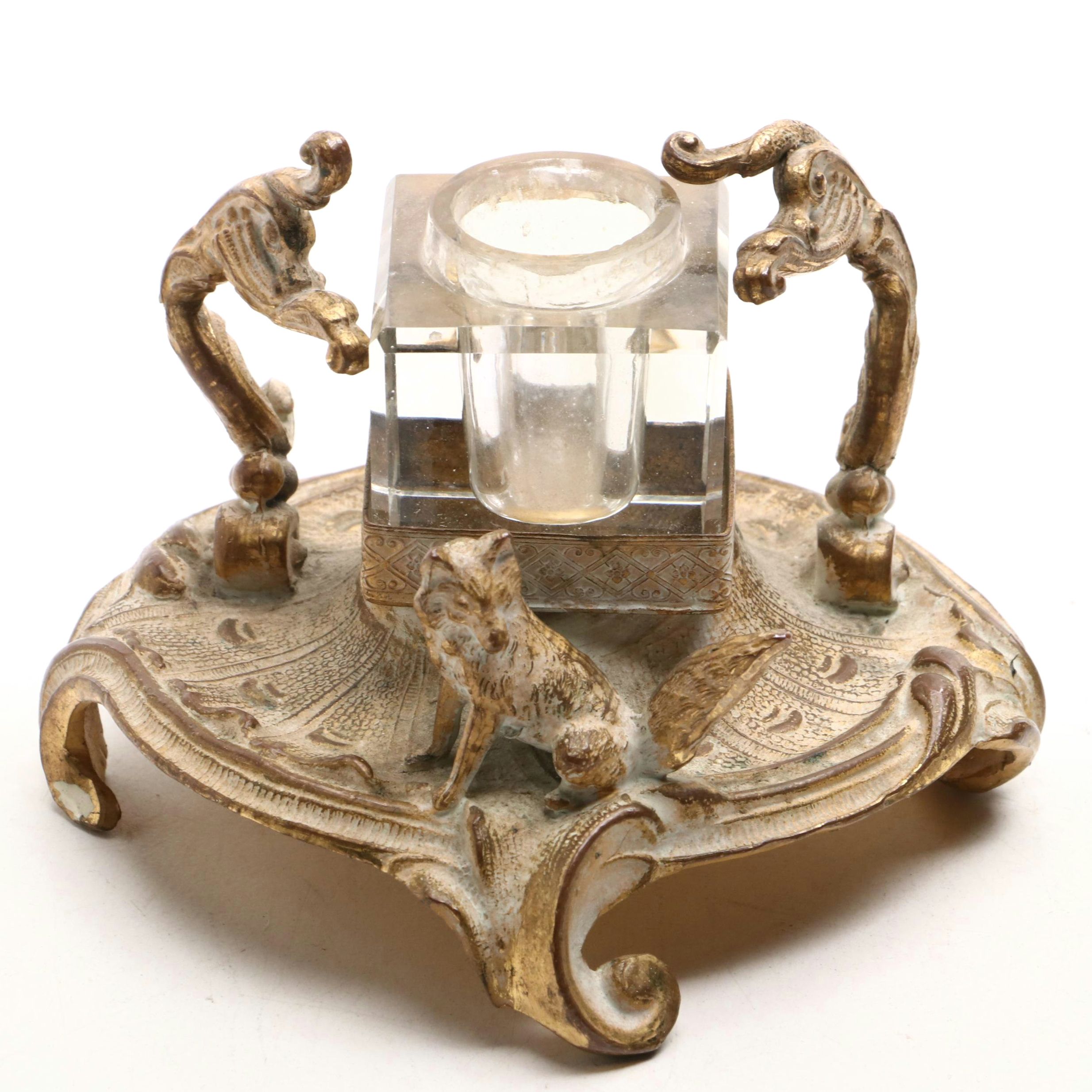 Gilt Bronze Fox Inkwell with Glass Inkwell, Early 20th Century