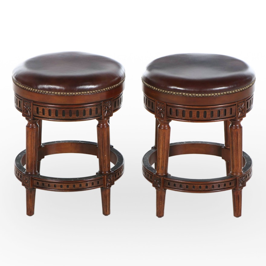 Pair of Frontgate Louis XVI Style Hardwood and Leather Swivel Counter Stools