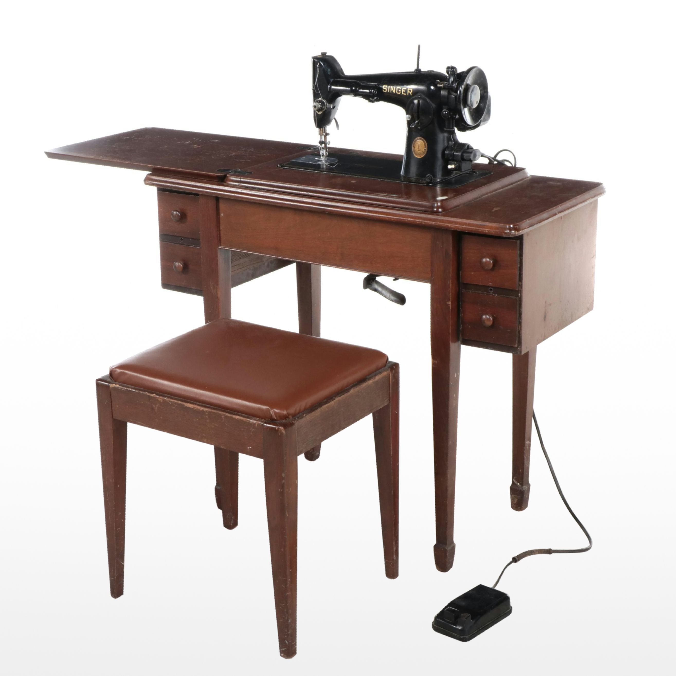 Singer Sewing Machine Model 201 with Wooden Sewing Table, 1952