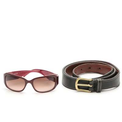 Coach Black Leather and Brass Belt With Burgundy/Fuchsia Rectangular Sunglasses
