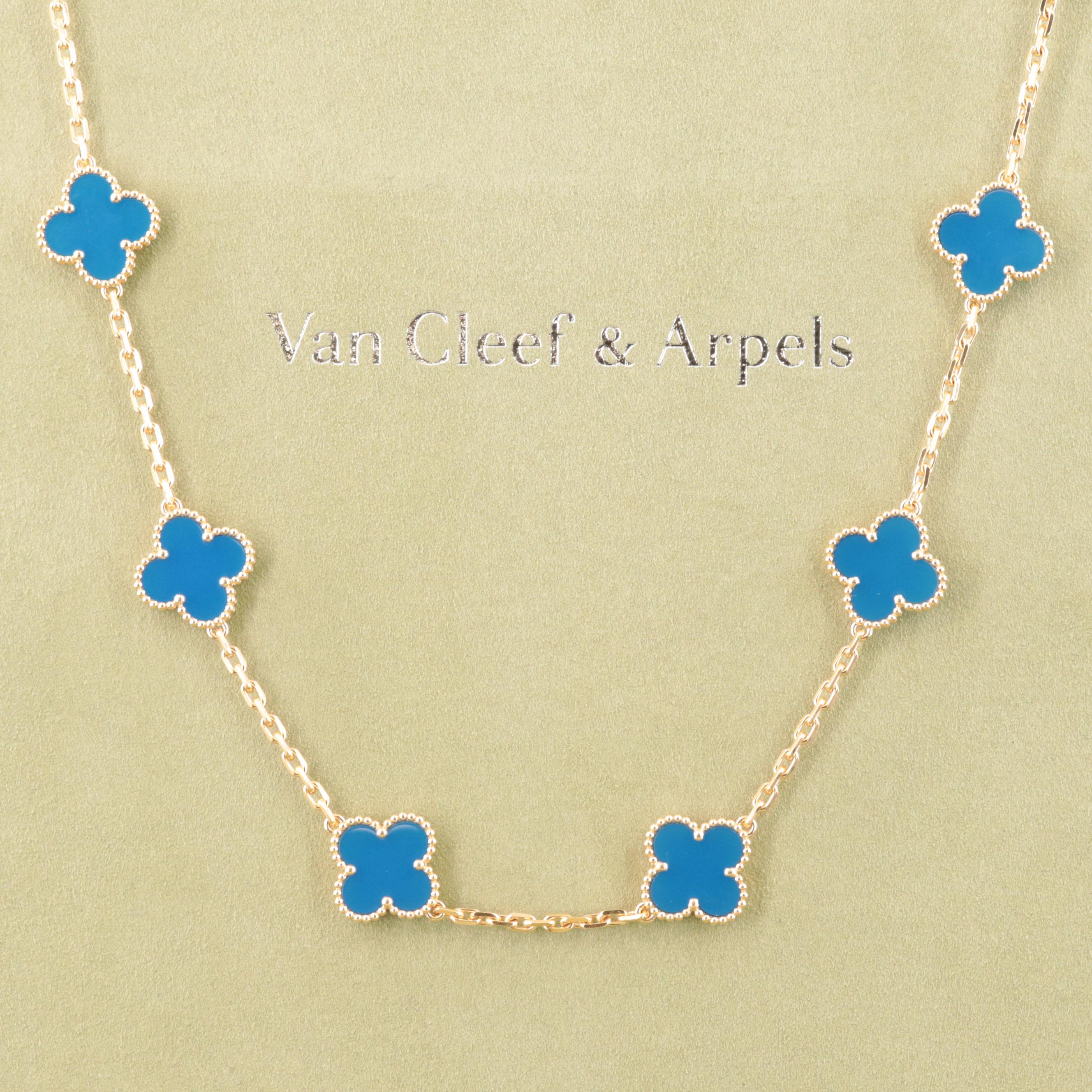 Van Cleef & Arpels 18K Blue Agate Alhambra Necklace with 20 Stations