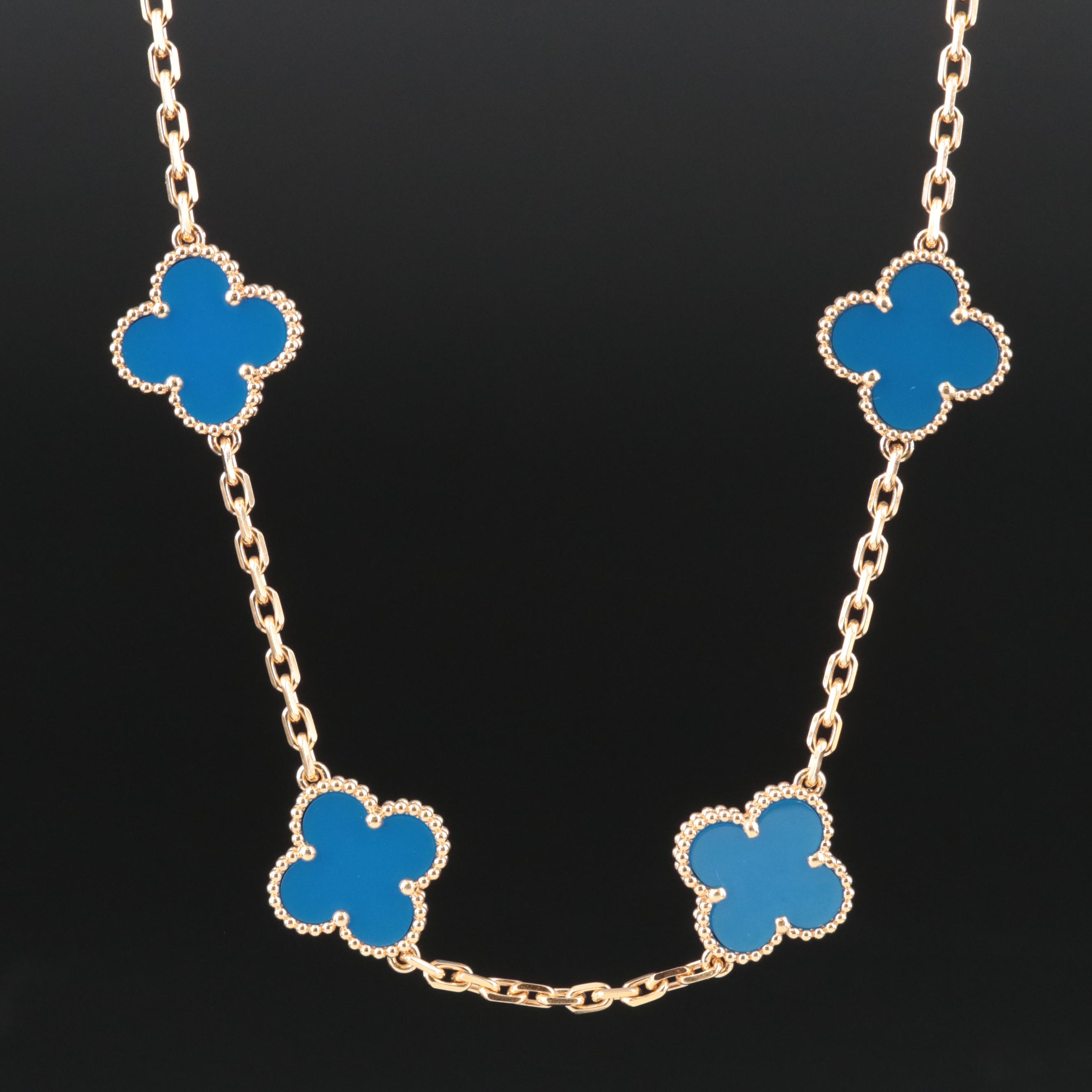 Van Cleef & Arpels 18K Blue Agate Alhambra Necklace with 20 Stations