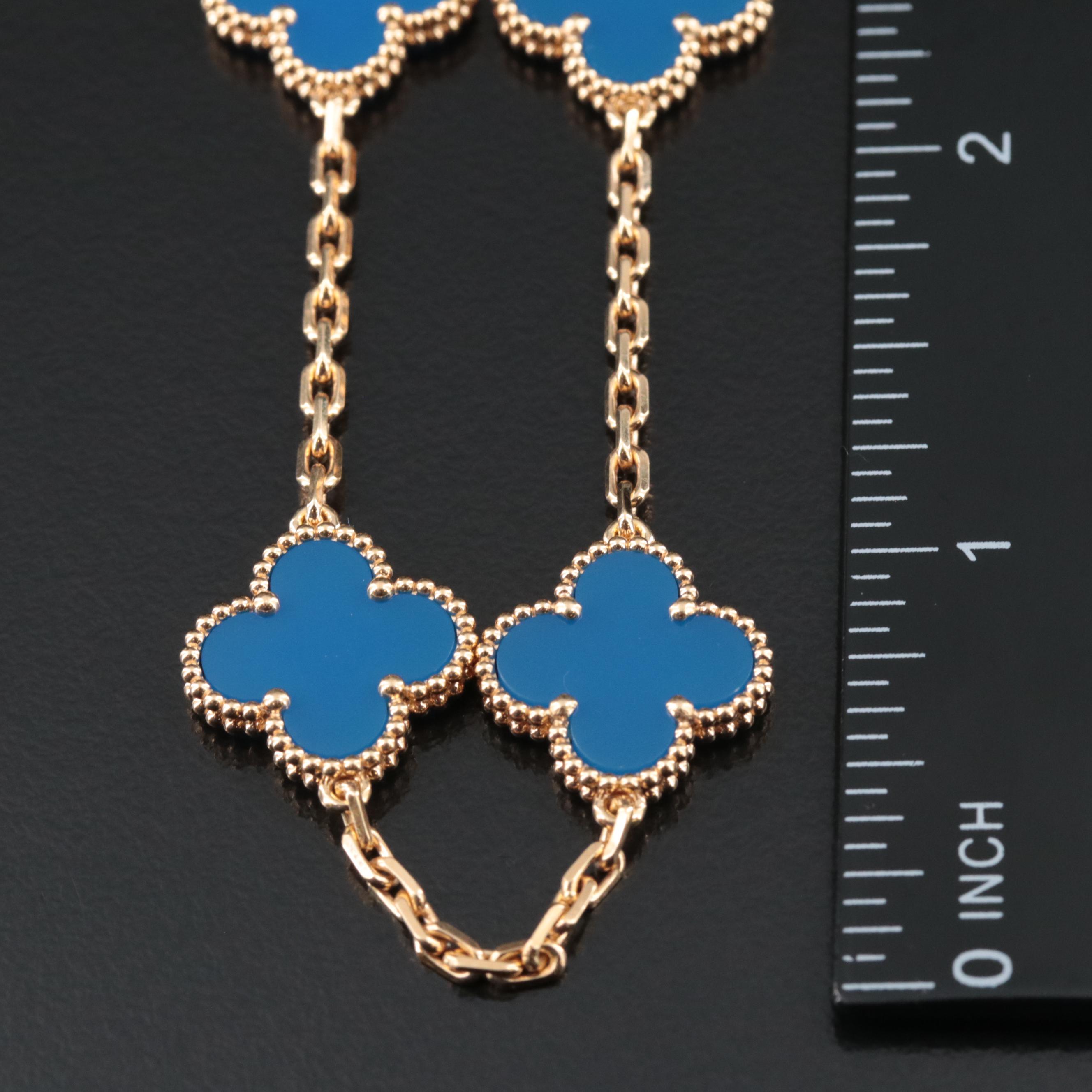 Van Cleef & Arpels 18K Blue Agate Alhambra Necklace with 20 Stations