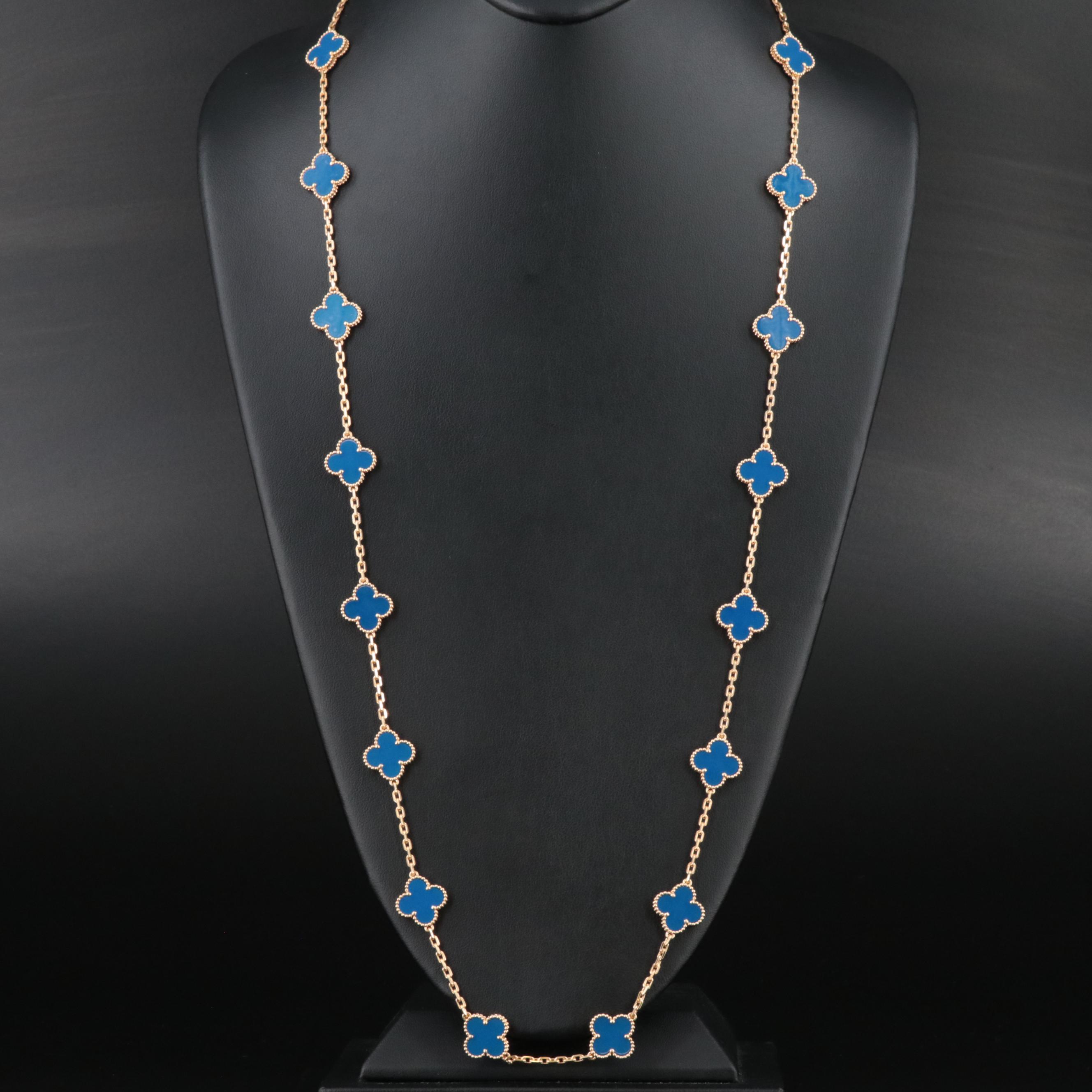 Van Cleef & Arpels 18K Blue Agate Alhambra Necklace with 20 Stations