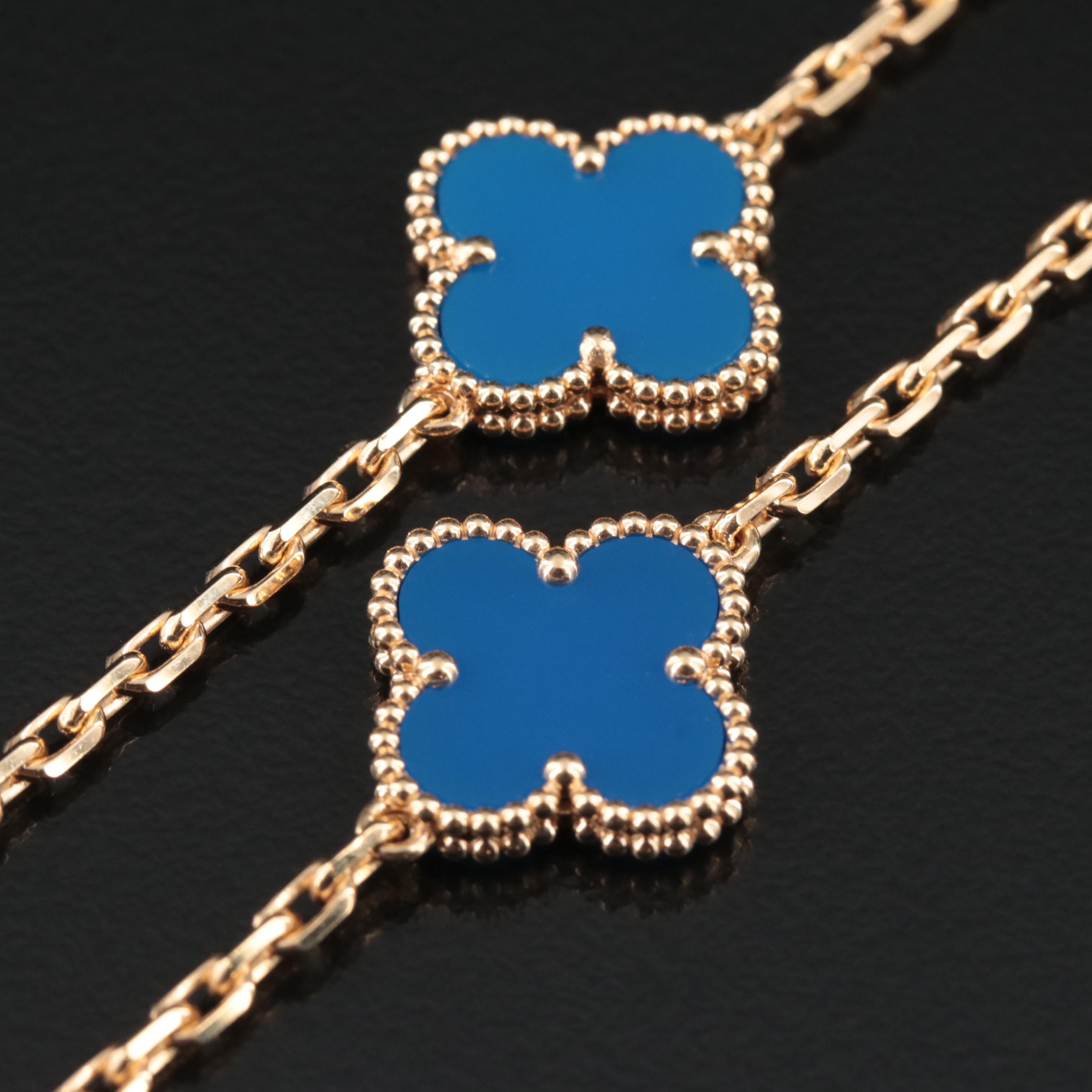 Van Cleef & Arpels 18K Blue Agate Alhambra Necklace with 20 Stations