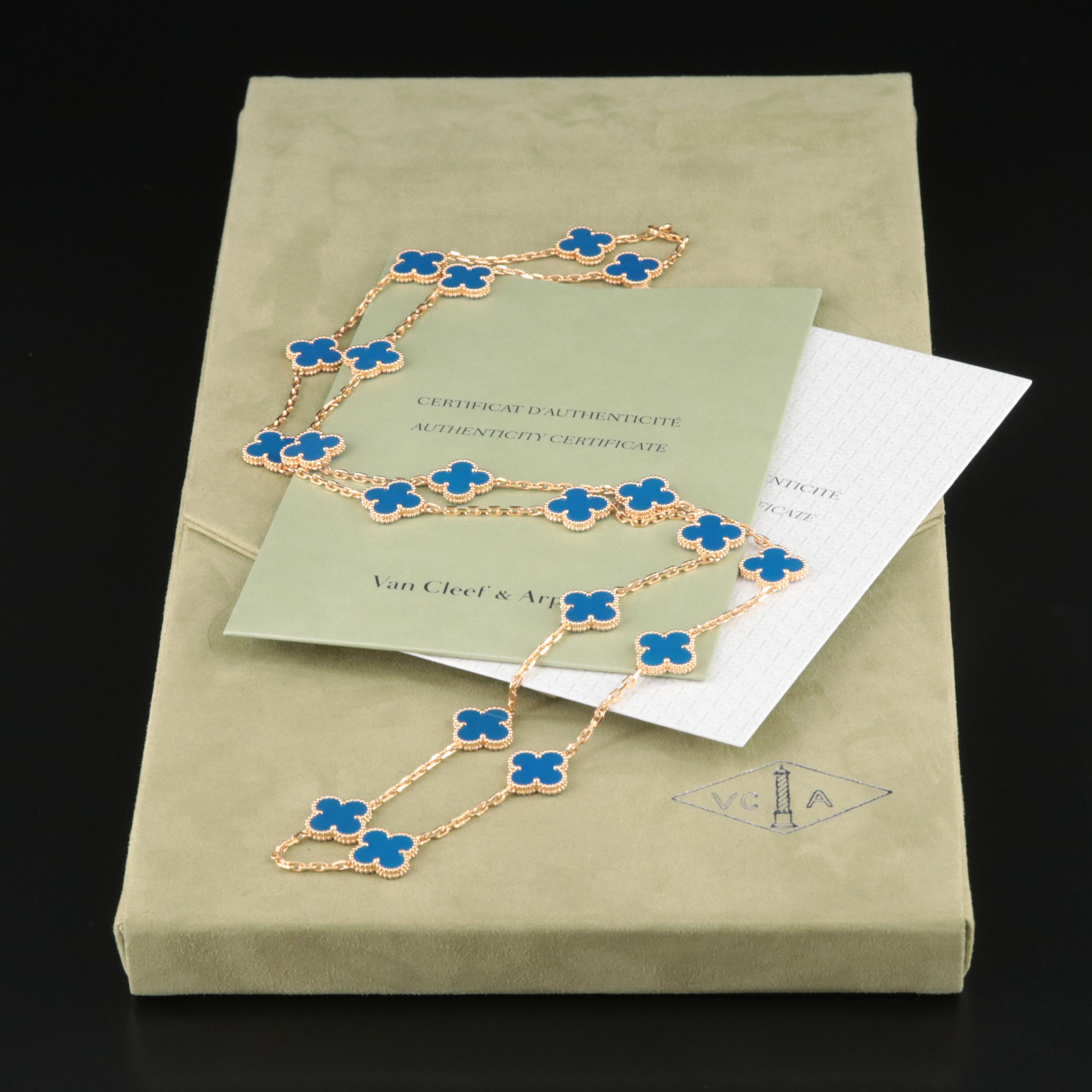 Van Cleef & Arpels 18K Blue Agate Alhambra Necklace with 20 Stations
