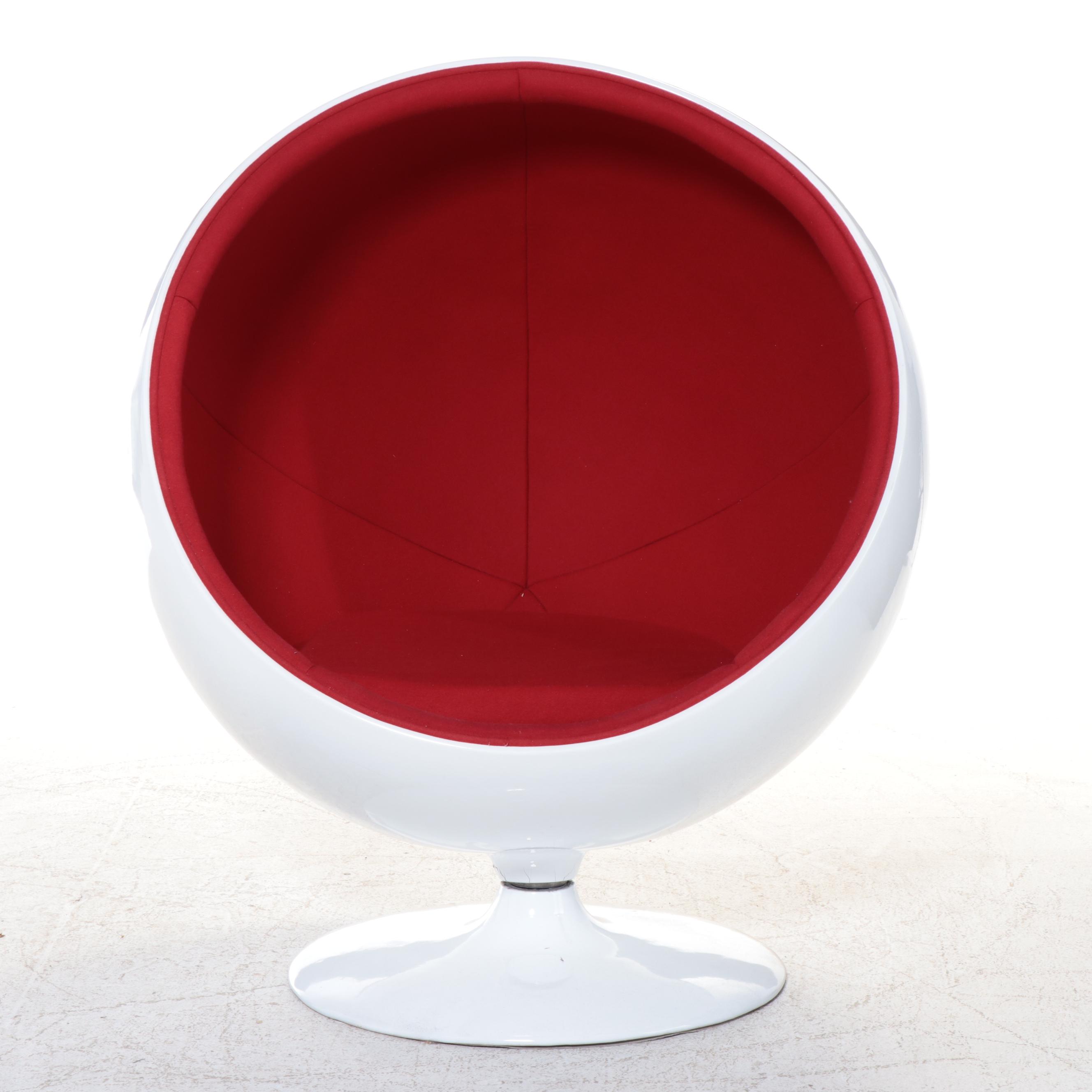 Modernist Style White Fiberglass and Red Wool Ball Chair, Manner of Eero Aarnio