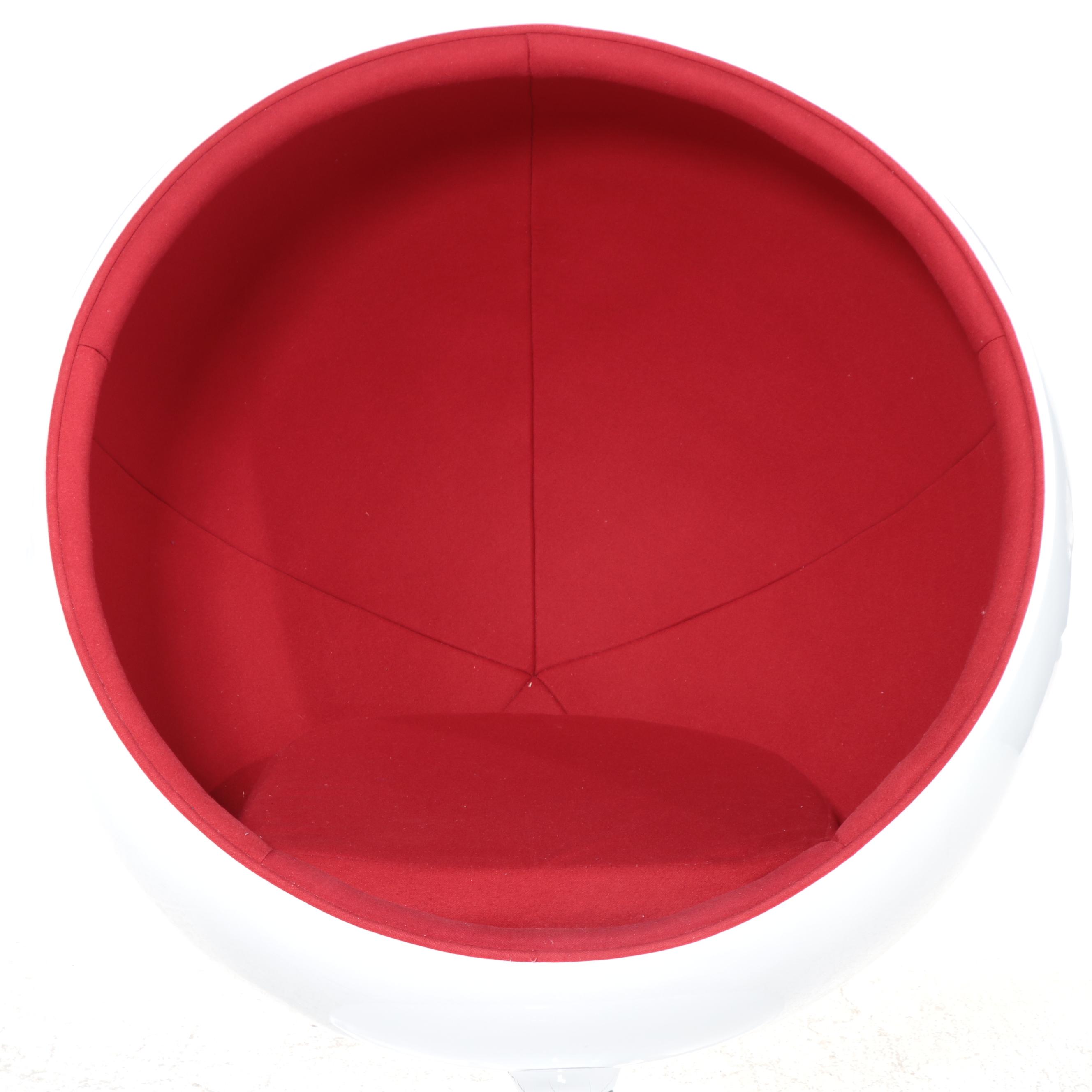 Modernist Style White Fiberglass and Red Wool Ball Chair, Manner of Eero Aarnio