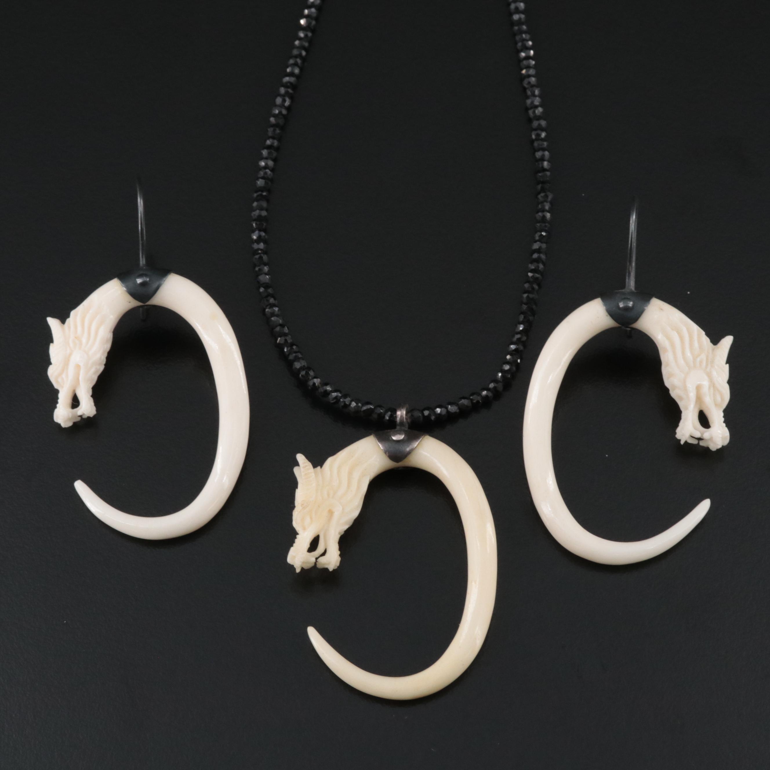 Carved Bone Dragon Pendant Necklaces and Earrings Featured in Collection