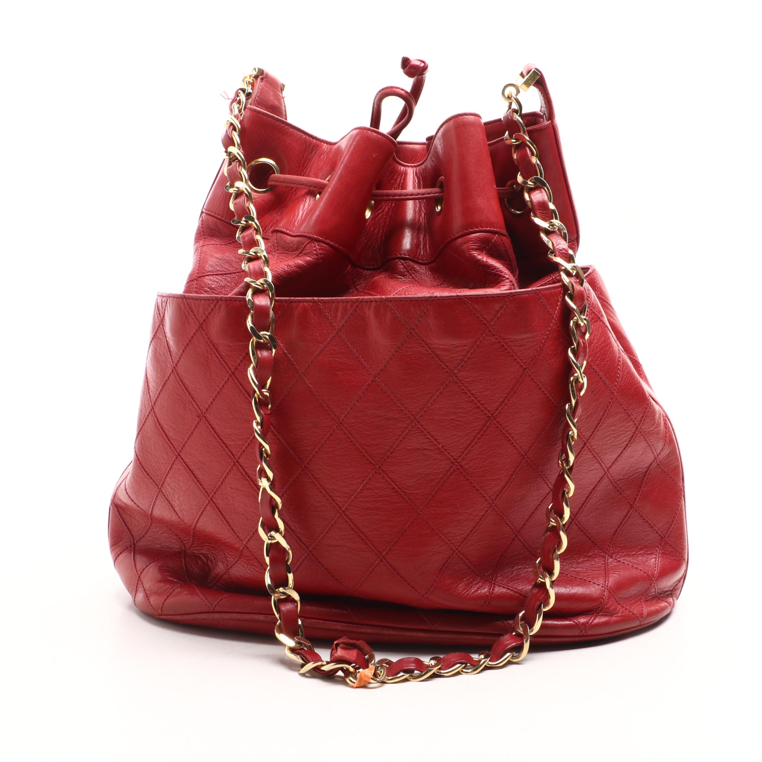 Chanel CC Drawstring Bucket Bag in Diamond Stitched Lambskin Leather with Pouch
