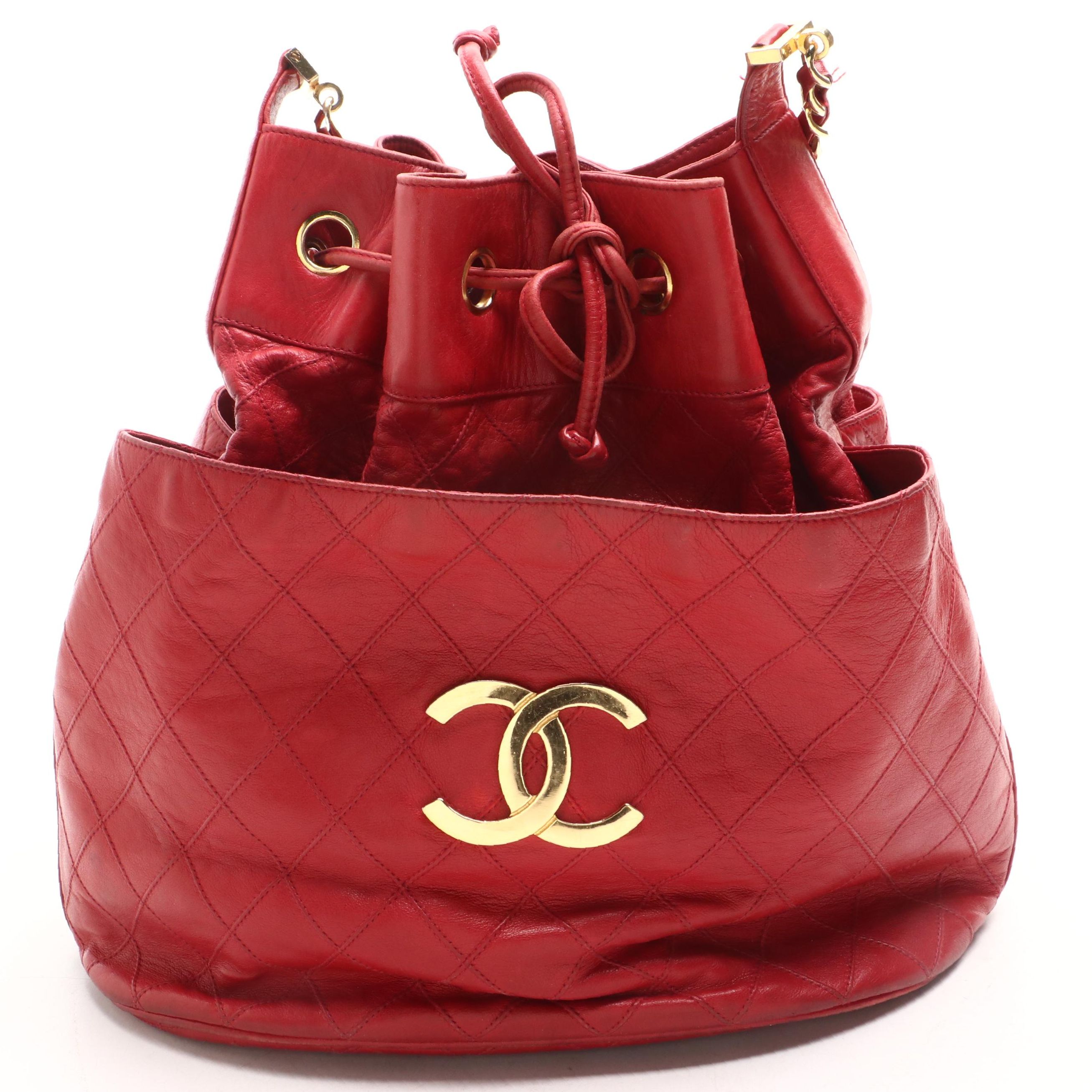 Chanel CC Drawstring Bucket Bag in Diamond Stitched Lambskin Leather with Pouch