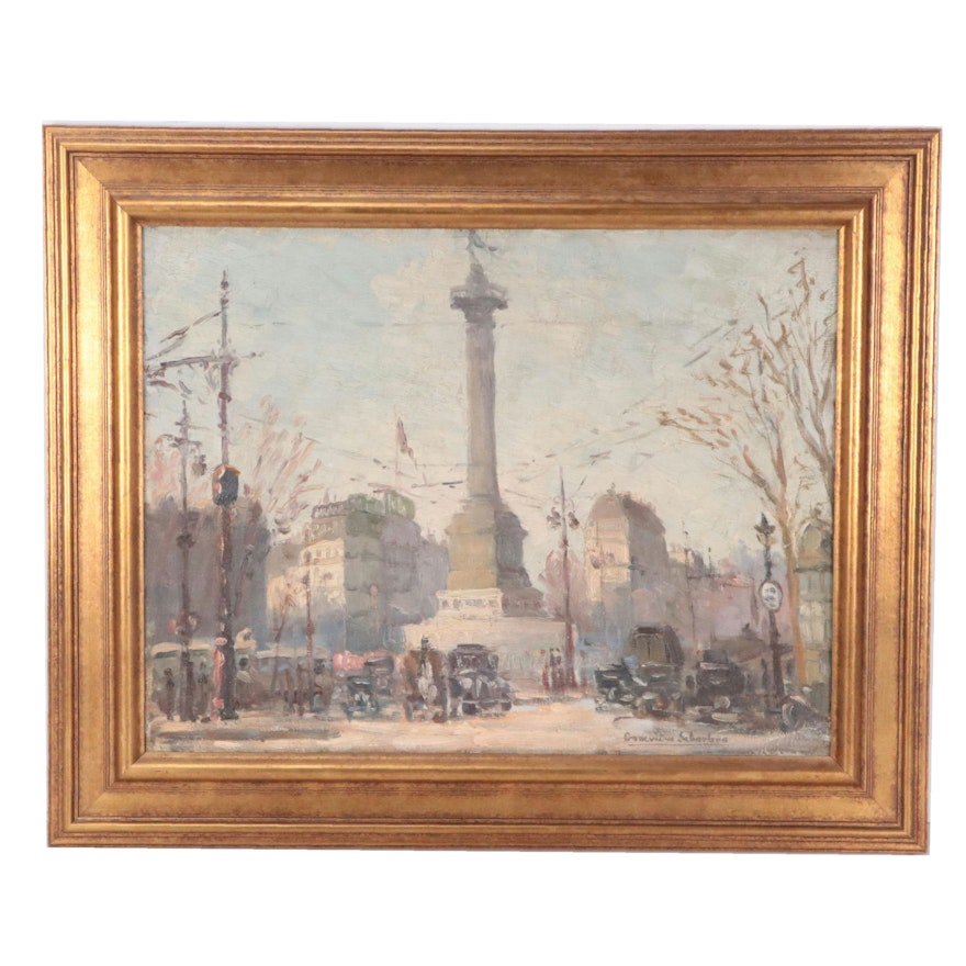 Genevieve Schorbon Parisian Cityscape Oil Painting of Place de la Bastille