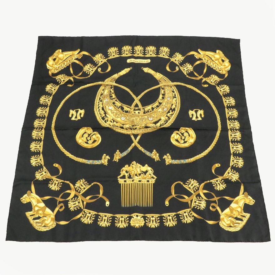 Hermes "Les Cavaliers d'Or" Scarf 90 in Silk Twill