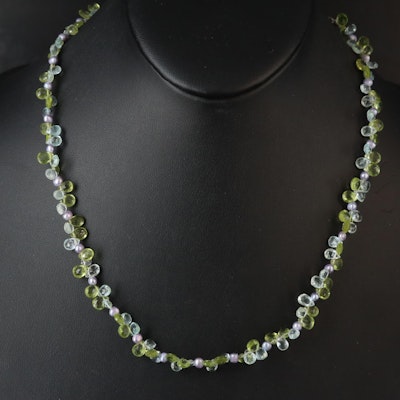 Sterling Aquamarine, Peridot and Pearl Necklace