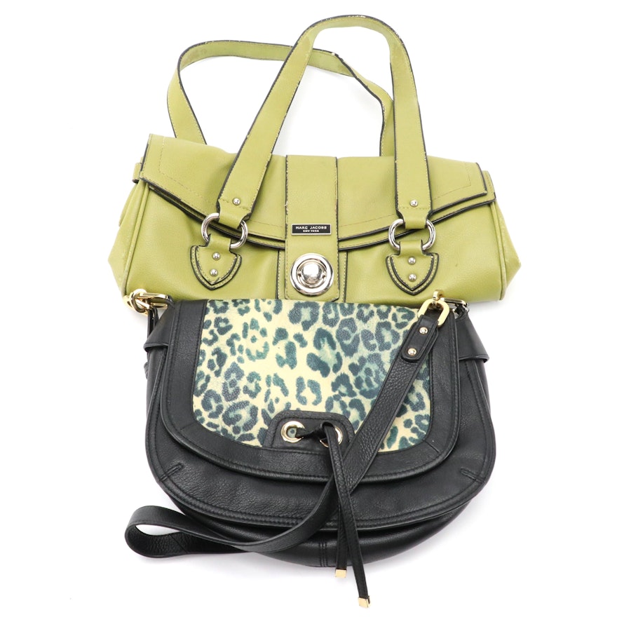 Marc Jacobs Green Leather Shoulder Bag, Perlina Leopard Front-Flap Satchel Bag